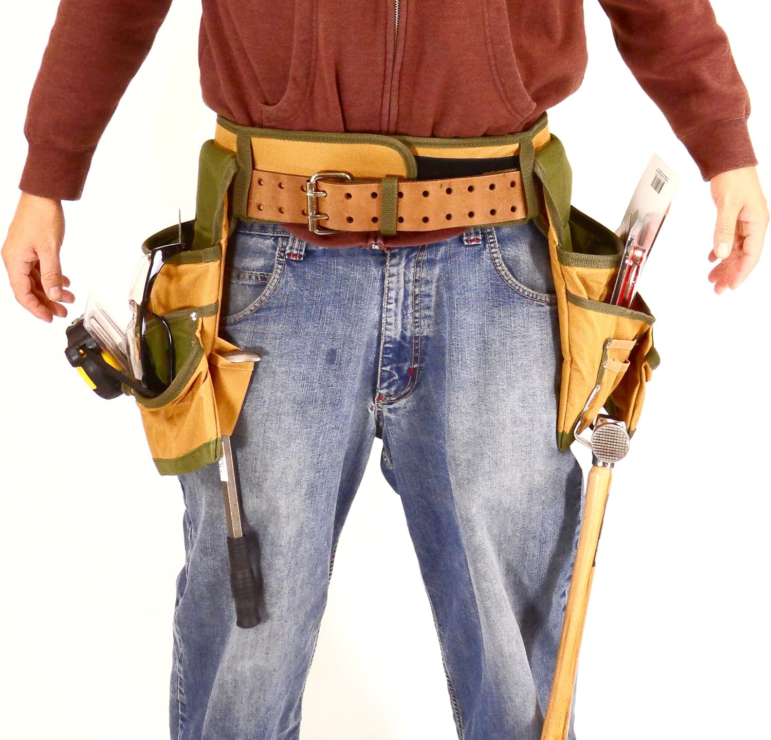 Tool Belt Bag, Professional Contractors Nail Bag with Double Belt Straps, Heavy Duty Canvas Tool Pouch