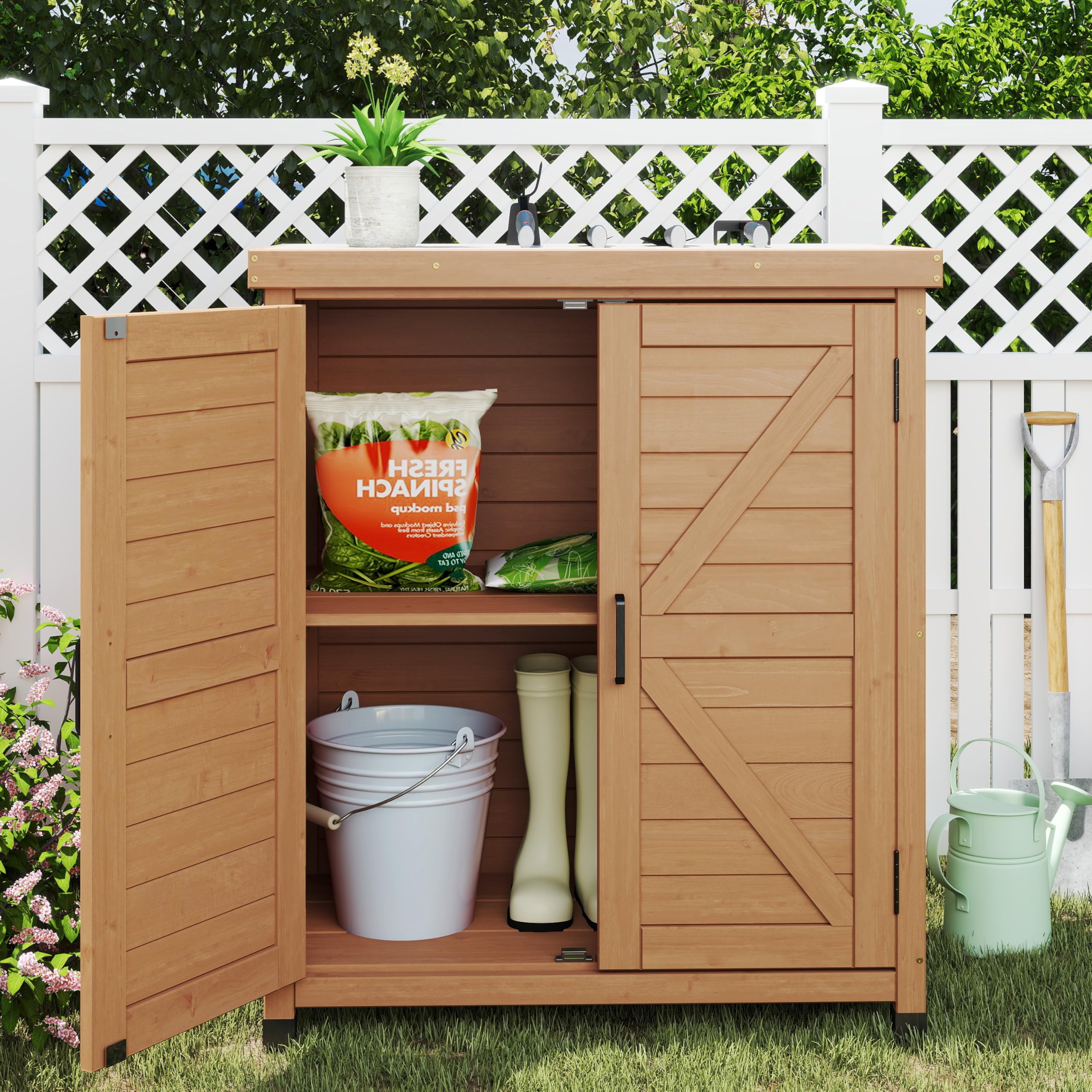 SoliWood Gartenschrank Wetterfest Outdoor Holz Metallplatte Pflanztisch Gartenarbeitsplatz 91x78x43 cm