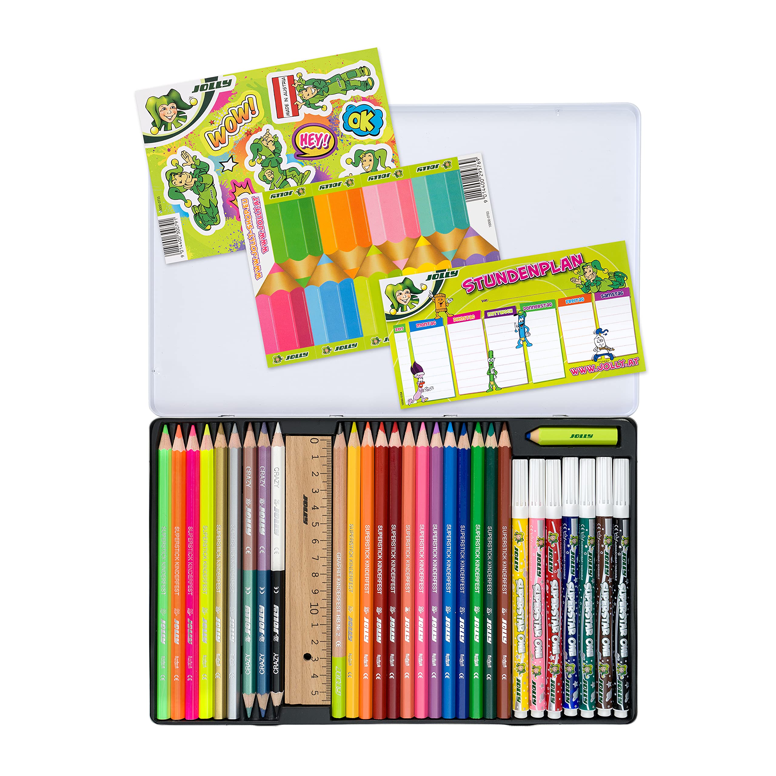 JOLLY Back to School Box, set di partenza per la scuola con 31 pezzi, incl. Matite colorate, pennarelli, matite in grafite, righello e gomma, colori vivaci e ricchi, robusta custodia in metallo