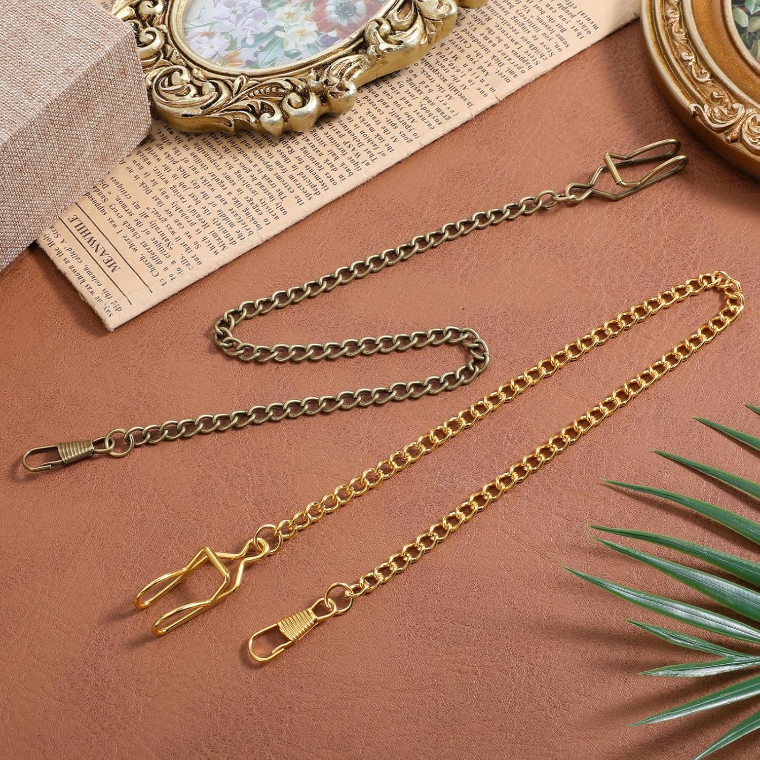 Pocket Watch Chain, 2 Pcs Vintage Metal Pocket Watch Chains for Men Vest Chains Link Clip for Men Husband Father's Day, 14.5 Inch (Bronze/Gold)
