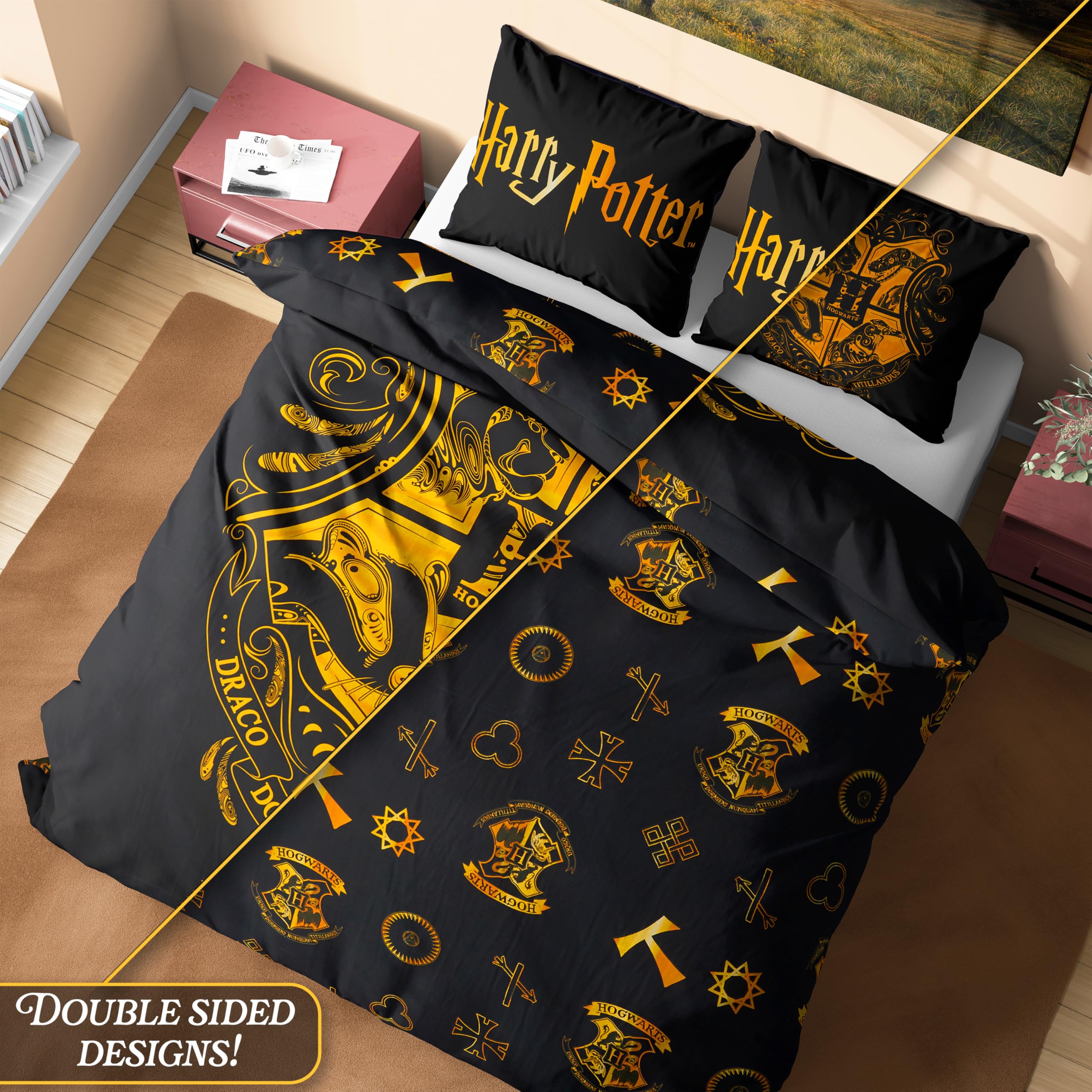 Harry Potter Poszewka na kołdrę i poszewka na poduszkę zestaw dzieci nastolatki kobiety pościel akcesoria do sypialni - rozmiar pojedynczy lub podwójny (czarny podwójny)