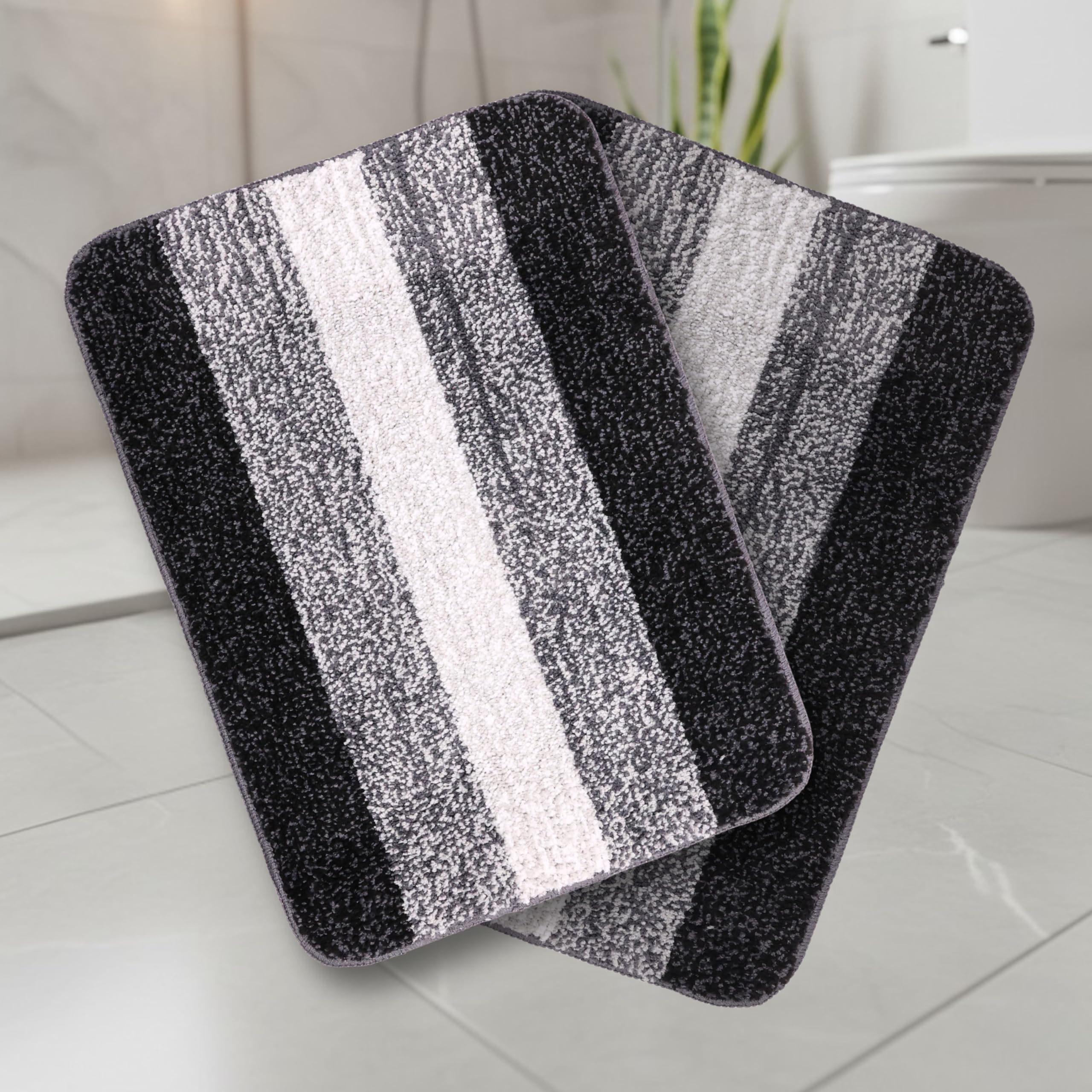 SARAL HOME EASY LIVING Microfiber Striped Rectangle Shaped Anti-Skid Bath Mats Soft & Super Absorbent Mats for Shower Washable,Non-Slip & Quick-Drying Mats,50X70cm Pack of 2(Black)
