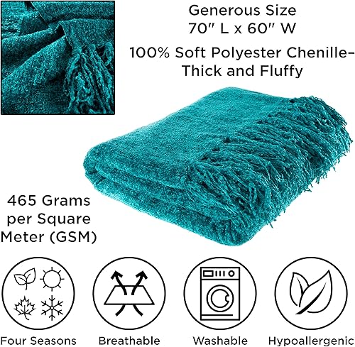 Miniatura 3 de Manta de chenilla de gran tamaño de 60 x 70 pulgadas, ligera, con flecos de 5 pulgadas, ultrasuave y brillante en color verde azulado laguna para
