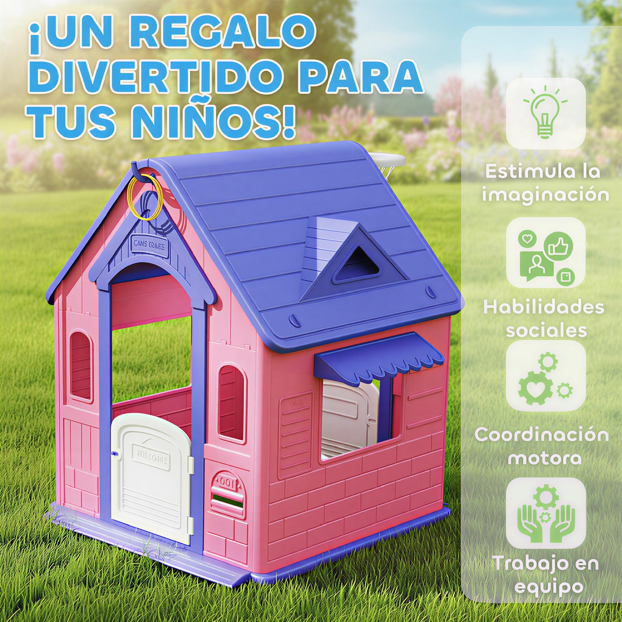 AIYAPLAY Casita Infantil Exterior e Interior 3 en 1 con Lanzamiento de Aros y Baloncesto Casita Infantil de Jardín Casa de Juegos para Niños 2-5 Años Rosa y Morado