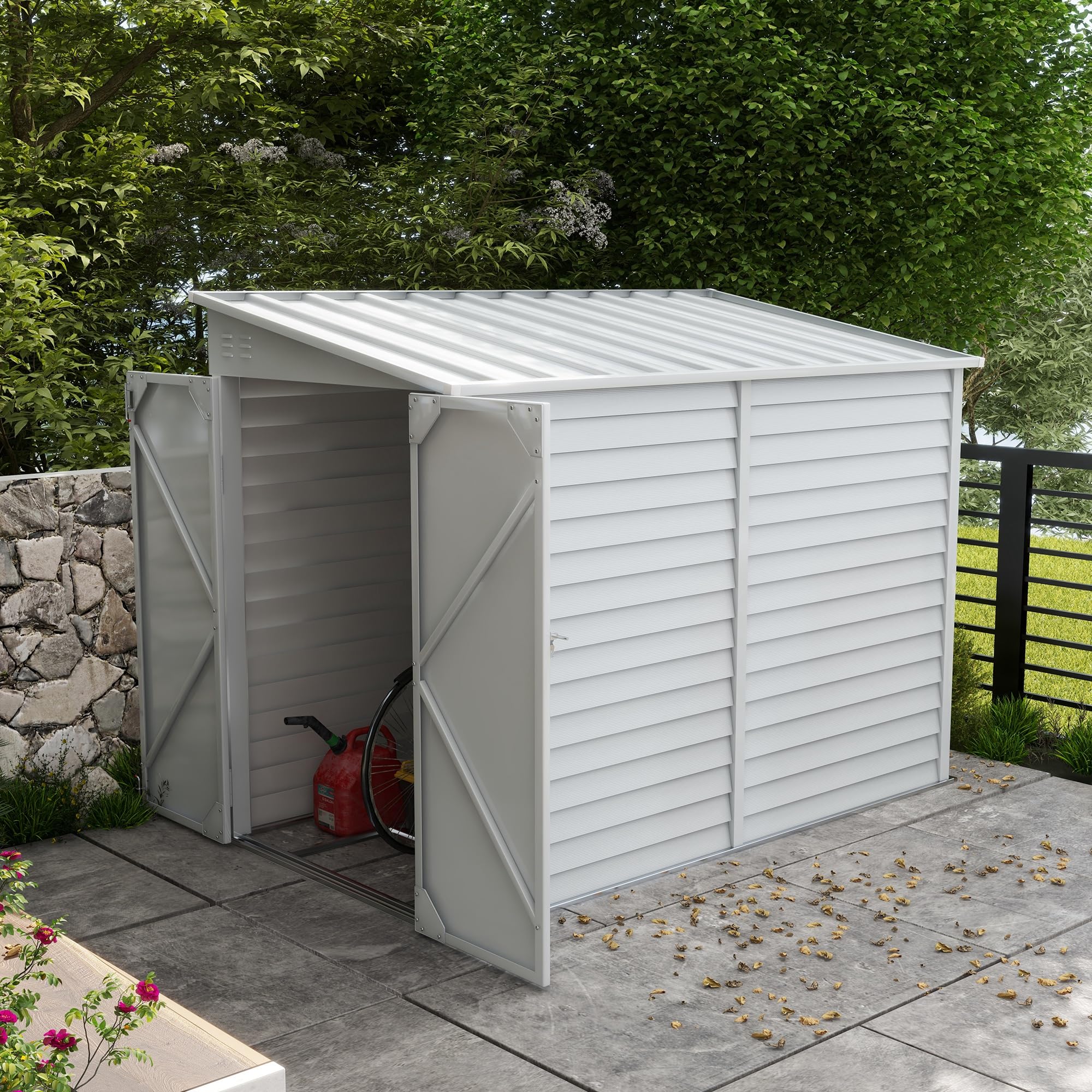Outsunny 4.6 Foot x 9 Foot Steel Outdoor Storage Shed, Lean to Shed, Metal Tool House with Foundation Kit, Lockable Doors, Gloves and 2 Air Vents for Backyard, Patio, Lawn, White (Box 1 of 2)