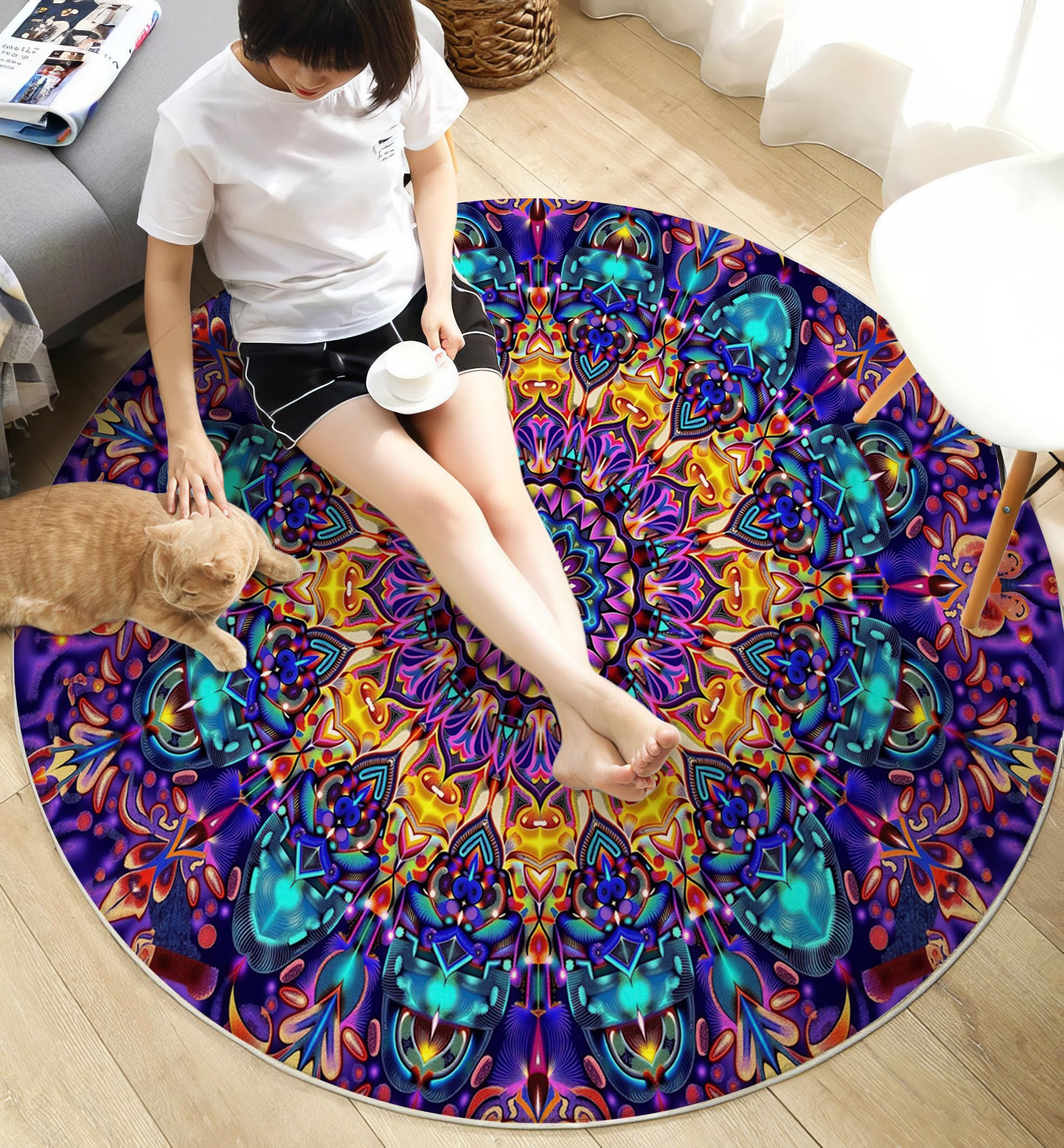 Tapis Rond Salon 160cm Kaléidoscope Mandala, Lavable Art Psychédélique Abstrait Tapis De Sol Décoration Antidérapant pour Chambre Cuisine Terrasse Salle à Manger Intérieur
