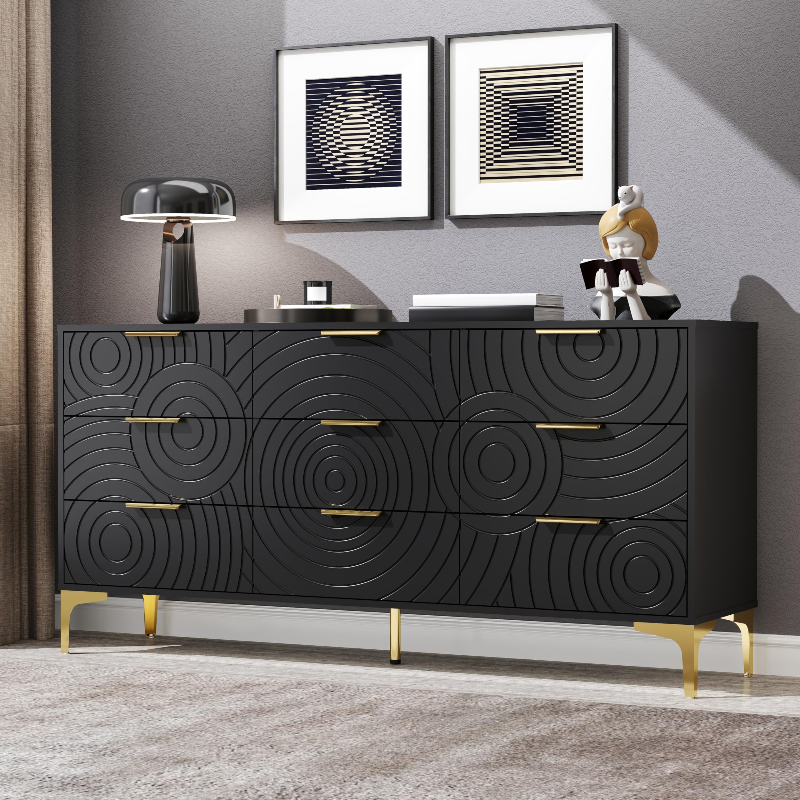 Fynexil 9 Drawer Dresser, Modern Wooden Dresser Chest with Metal Handles, Large Storage for Bedroom, Living Room or Closet Organizer (Black)