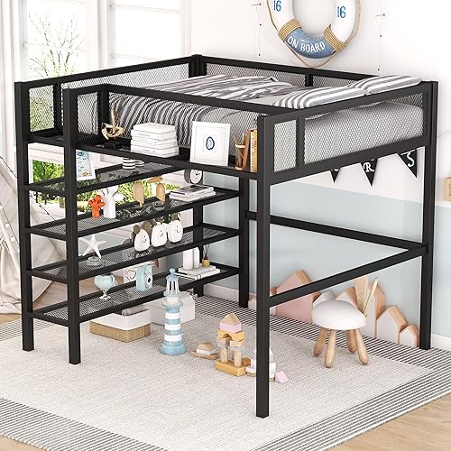 Miniatura 3 de CITYLIGHT Base de cama tipo loft de tamaño matrimonial con estantes de almacenamiento de 4 niveles, camas altas de metal resistente con escaleras y