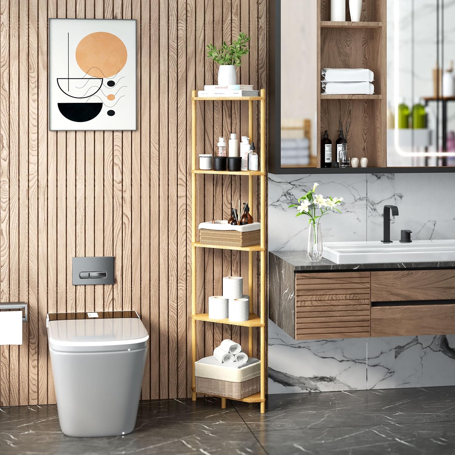 Corner Shelf Stand - 5 Tier Bamboo Small Corner Bookshelf for Office Kitchen Bedroom Plant Stand Living Room Decor Small Space (Natural, 5 Tier)