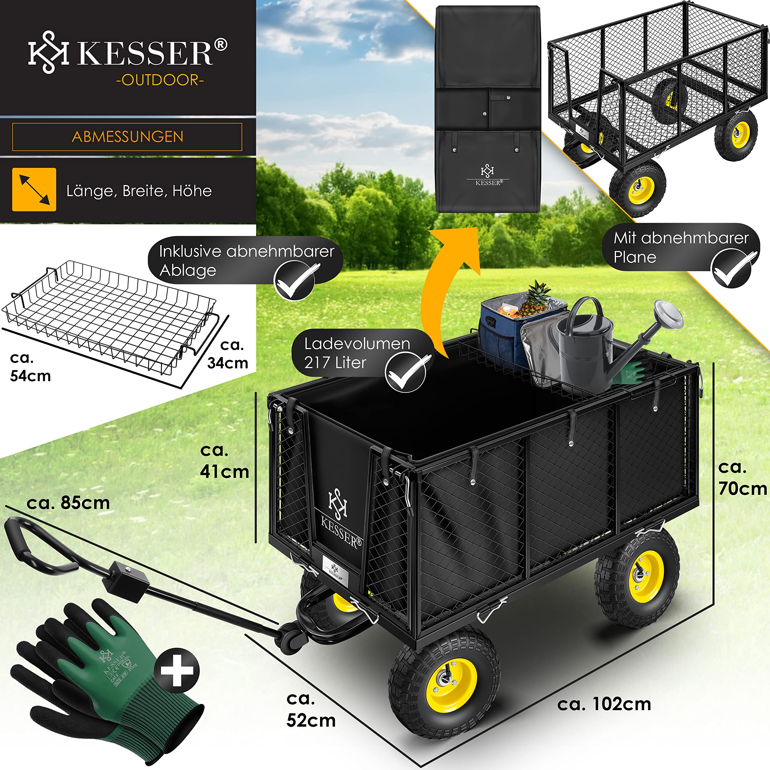 KESSER® 550 kg Carro de Mano, Carro de jardín, Carro de Transporte, Lona Desmontable, Carro de Equipamiento, Versátil, Incluye Guantes, Negro