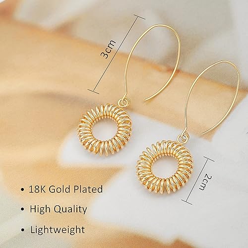 Miniatura 3 de Aretes colgantes largos de oro con forma de bola de simicírculo para mujer, ligeros, circular, moneda, geométricos, planos, cepillados, chapados en