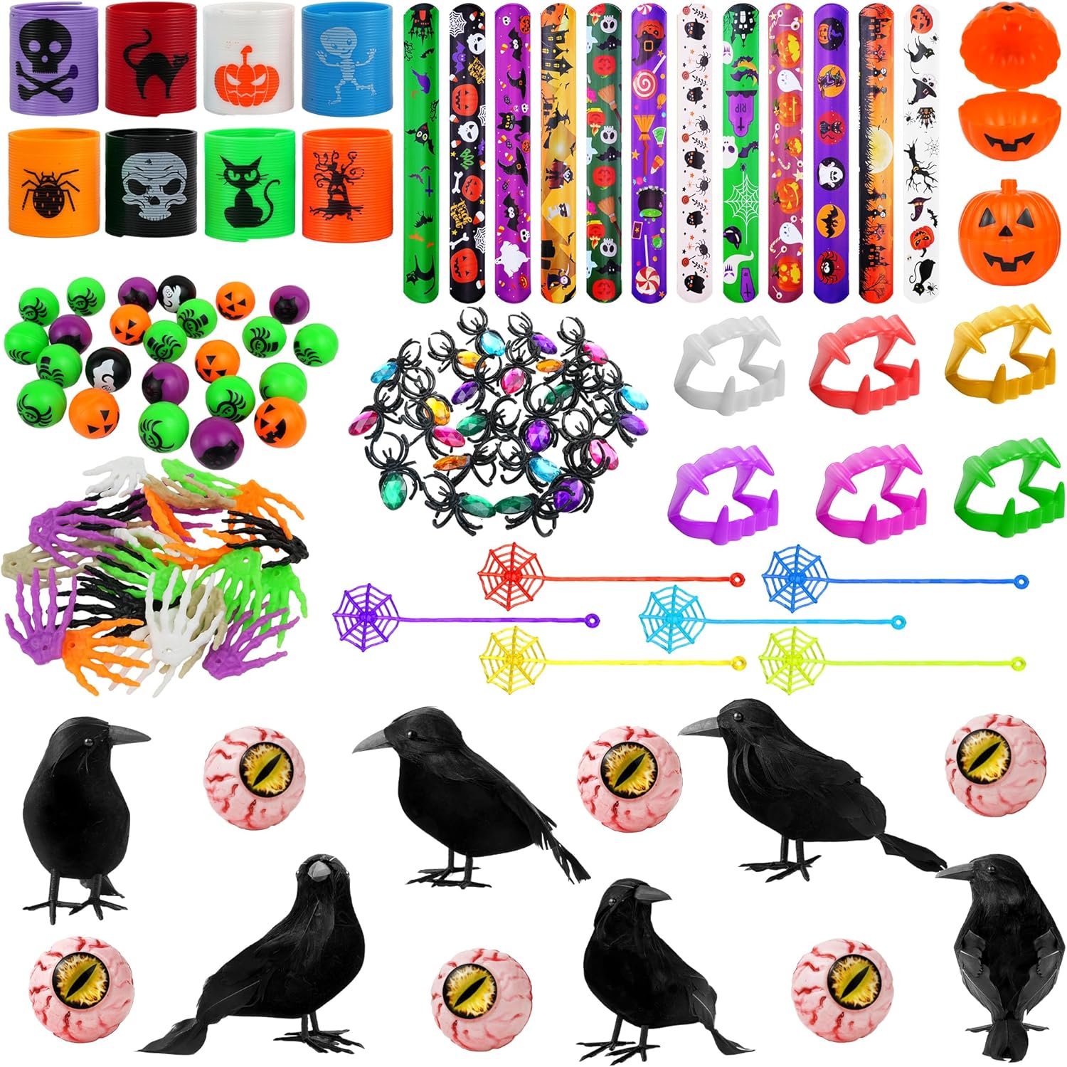 KatchOn Halloween Bundle – 12 Realistic Black Crows and 170 Bulk Party Favors | Indoor Outdoor Spooky Raven Decorations, Slap Bracelets, Halloween Toys for Kids