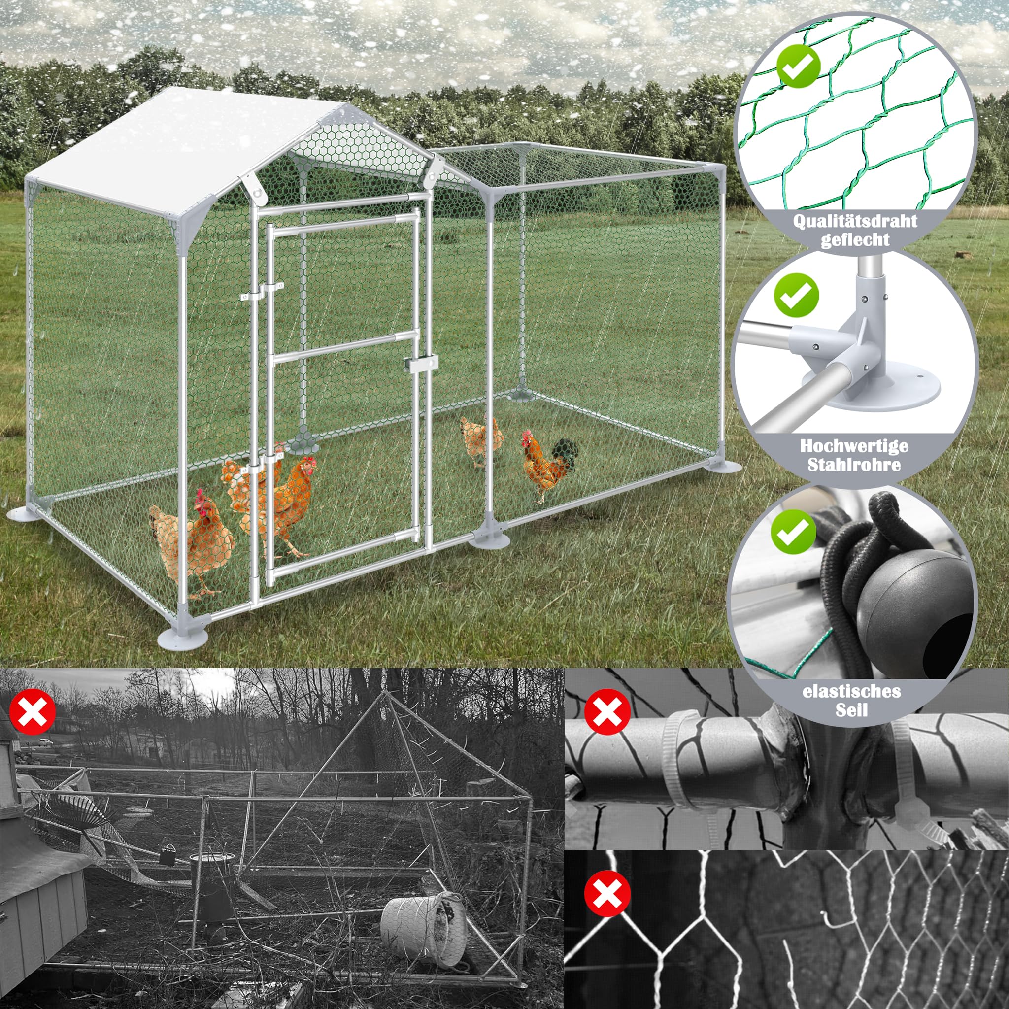 NAIZY Hühner Freilaufgehege mit Schloss, Hühnerstall 2 m x 1 m Hühnerhaus Verzinkter Stahlrahmen mit PE Sonnenschutzdach Kleintierstall, für Hühnerkäfig Geflügelstall Vogelkäfig