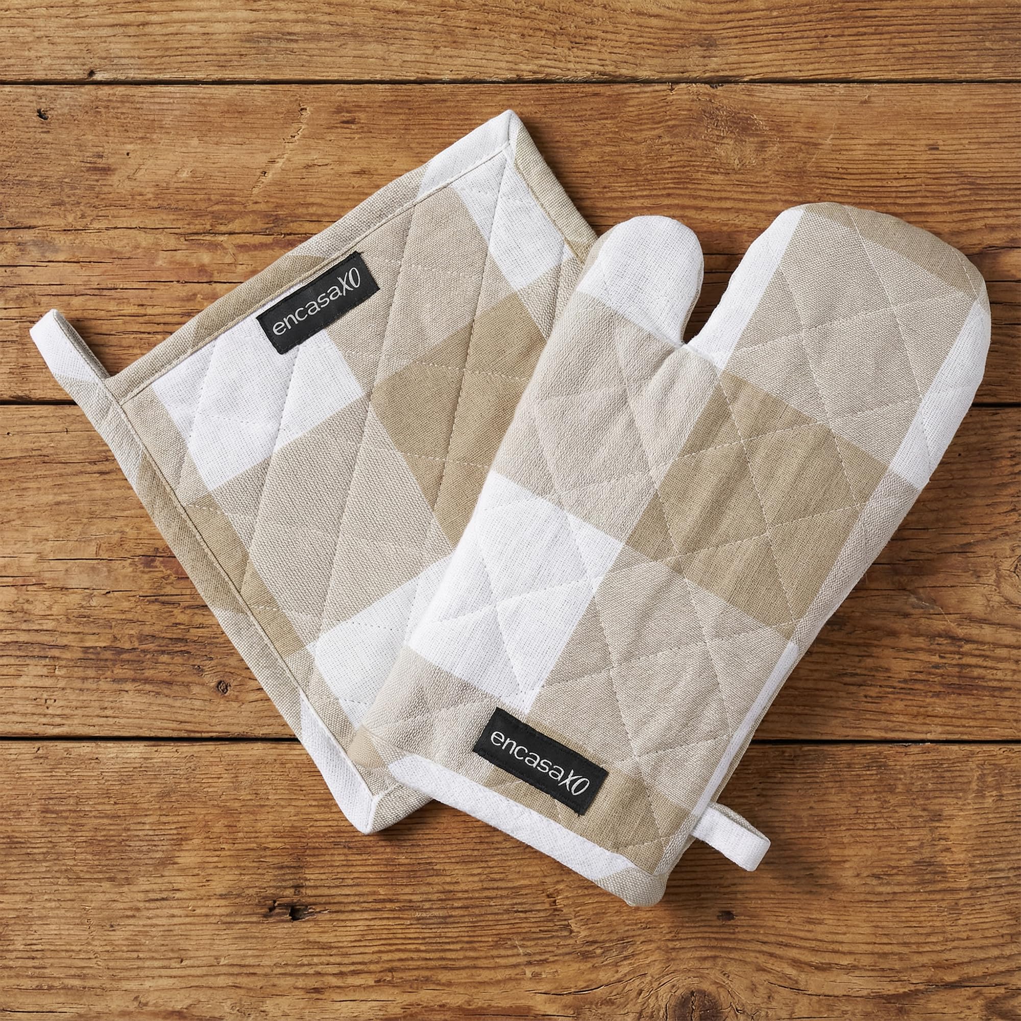 Encasa XO Heat Resistant 100% Cotton Oven Glove & Potholder Set with Loop, Kitchen Cooking Mittens, Microwave Safe Hot Pads - Buffalo Beige Checks, 18x30 cm, (Pack of 2)