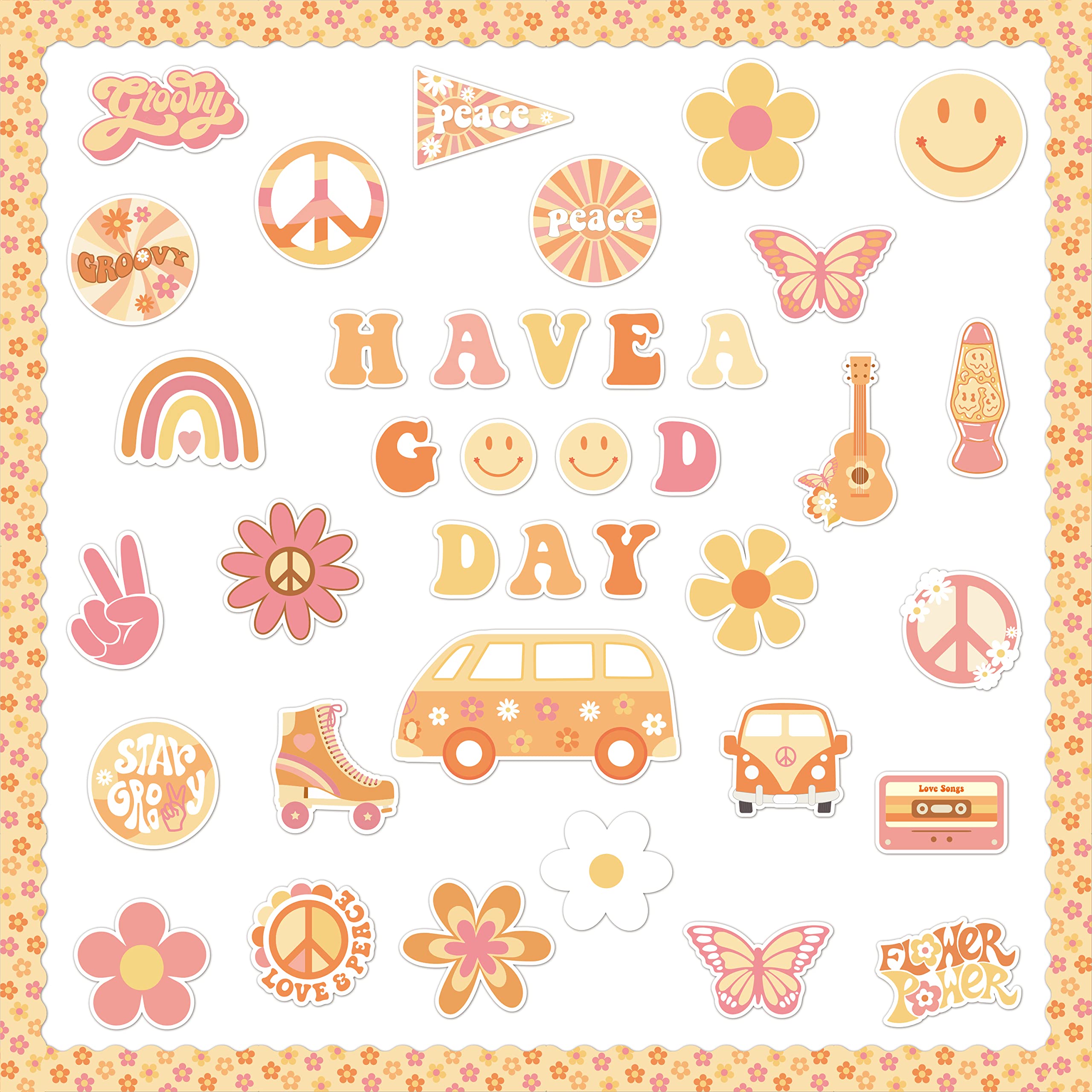 B1ykin 103Pcs Boho Groovy Retro Hippie Back to School Cutouts Bulletin Board Decoration Set 60s Vintage Daisy Name Tags Borders Wall Accents Peace Sign Chalkboard Decor for School Classroom Party