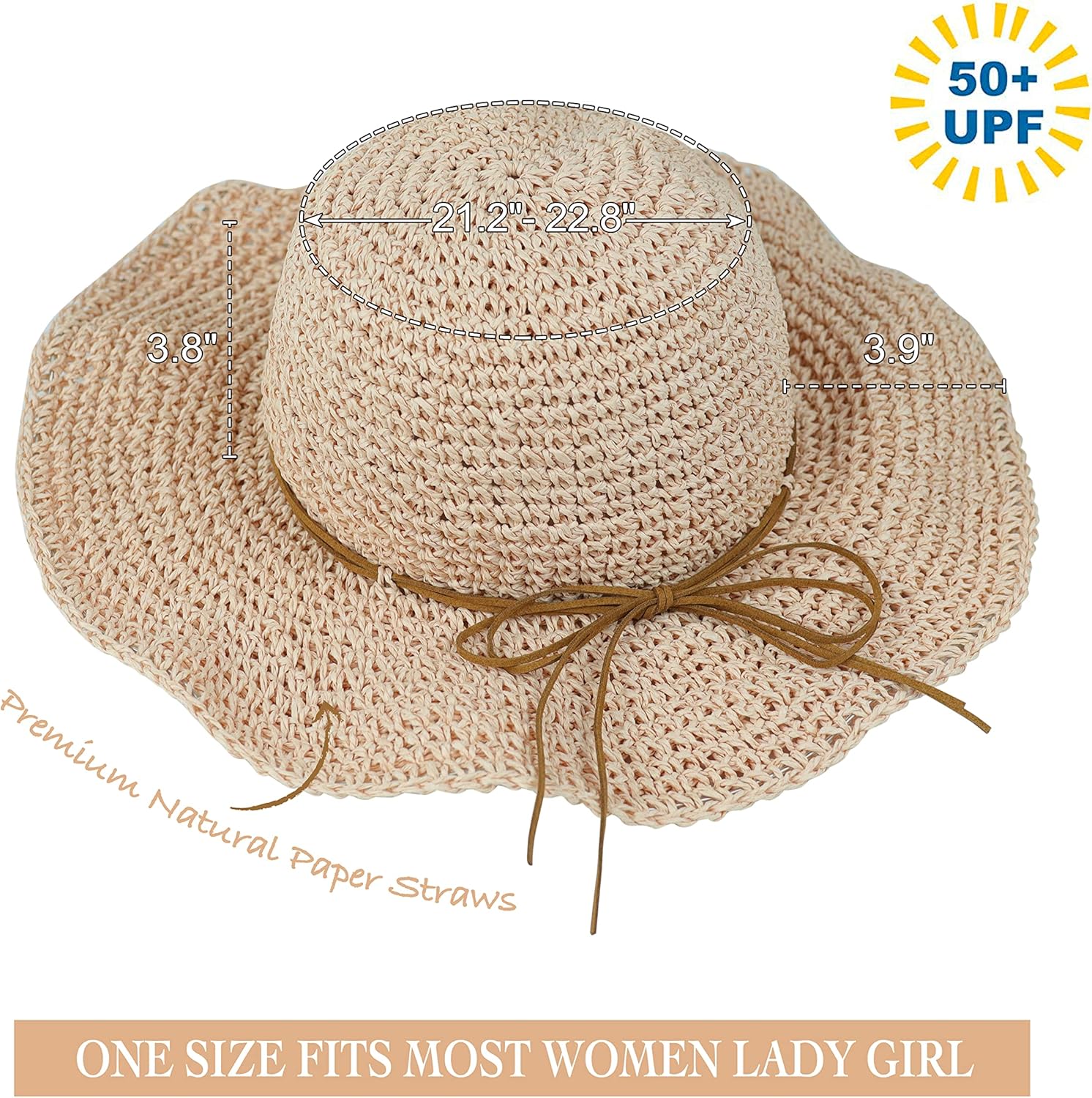 Women Sun Hat Wide Brim Floppy Beach Hat Breathable UV UPF 50+ Straw Hat Foldable Packable Summer Outdoor Cap - Image 2