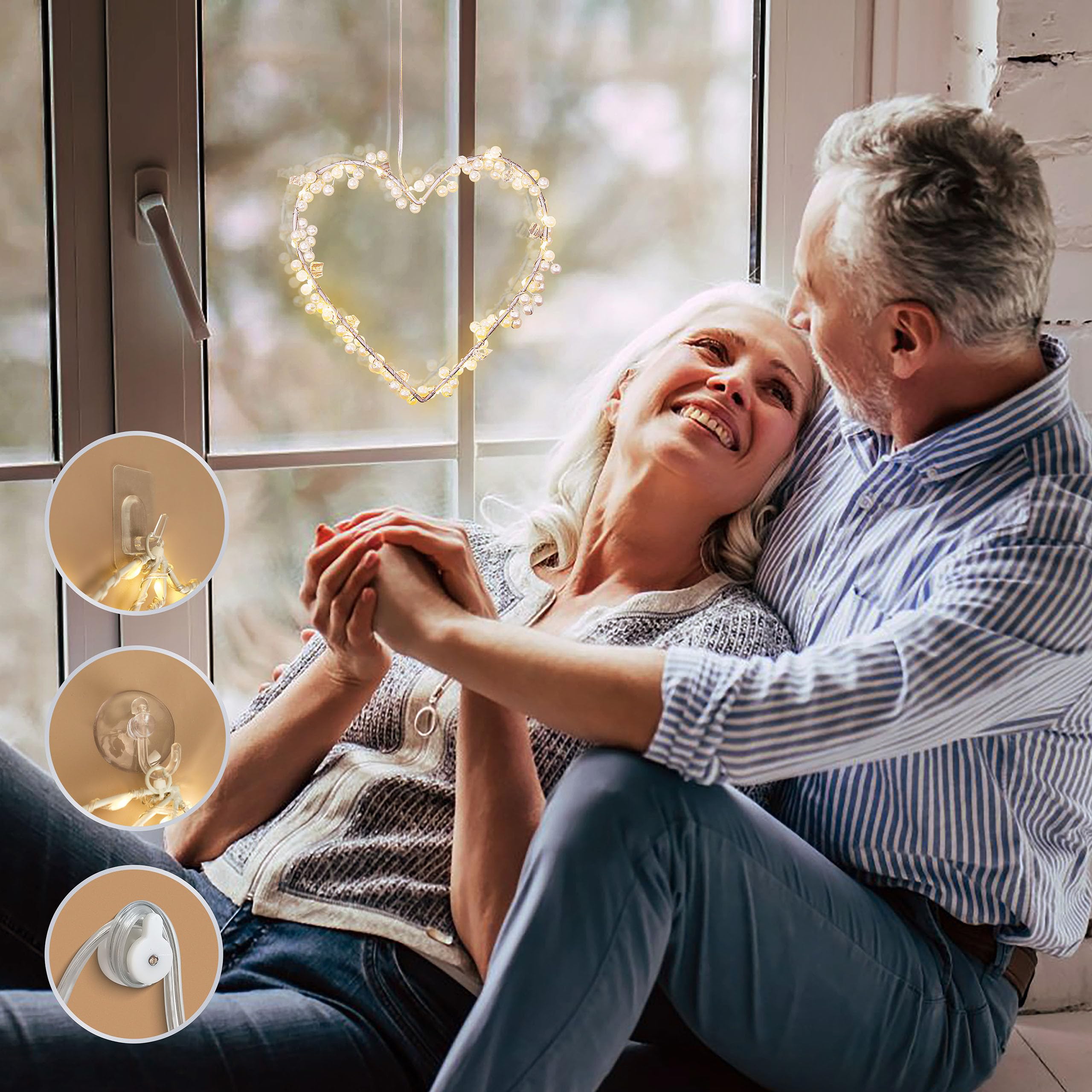 Romantica tenda luminosa a LED con LED a forma di cuore – Illuminazione per finestre per San Valentino, Ramadan, Matrimonio e Natale, adatto per interni ed esterni (doppi cuori