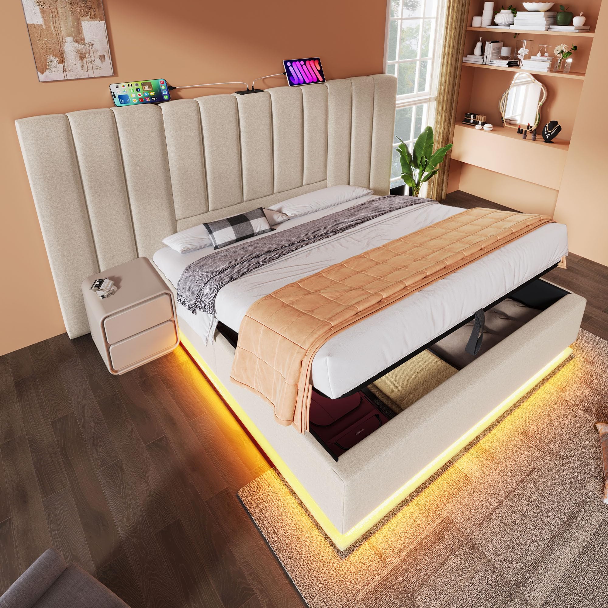 BPKADHY Gestoffeerd bed, 180 x 200 cm, tweepersoonsbed met opbergruimte, 4 laden, led-hoofdeinde met USB-C, opbergbedden, tienerbed, bedframe met lattenbodem, linnen materiaal, beige, zonder matras