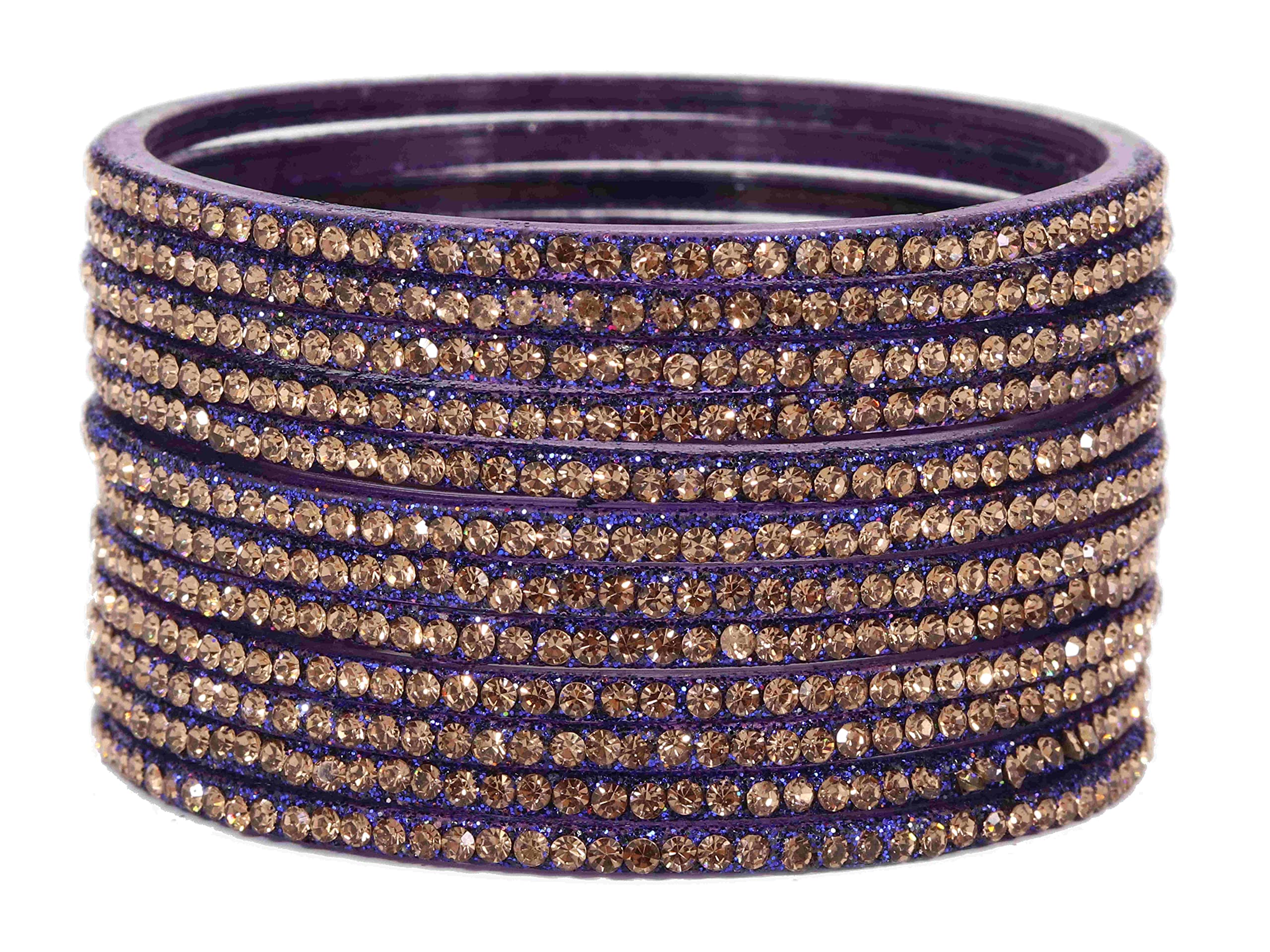 NMII Glass With Zircon Gemstone Studded Glossy Finished Bangle Set For Women and Girls,(Blue_2.2 Inches),Pack Of 12 Bang