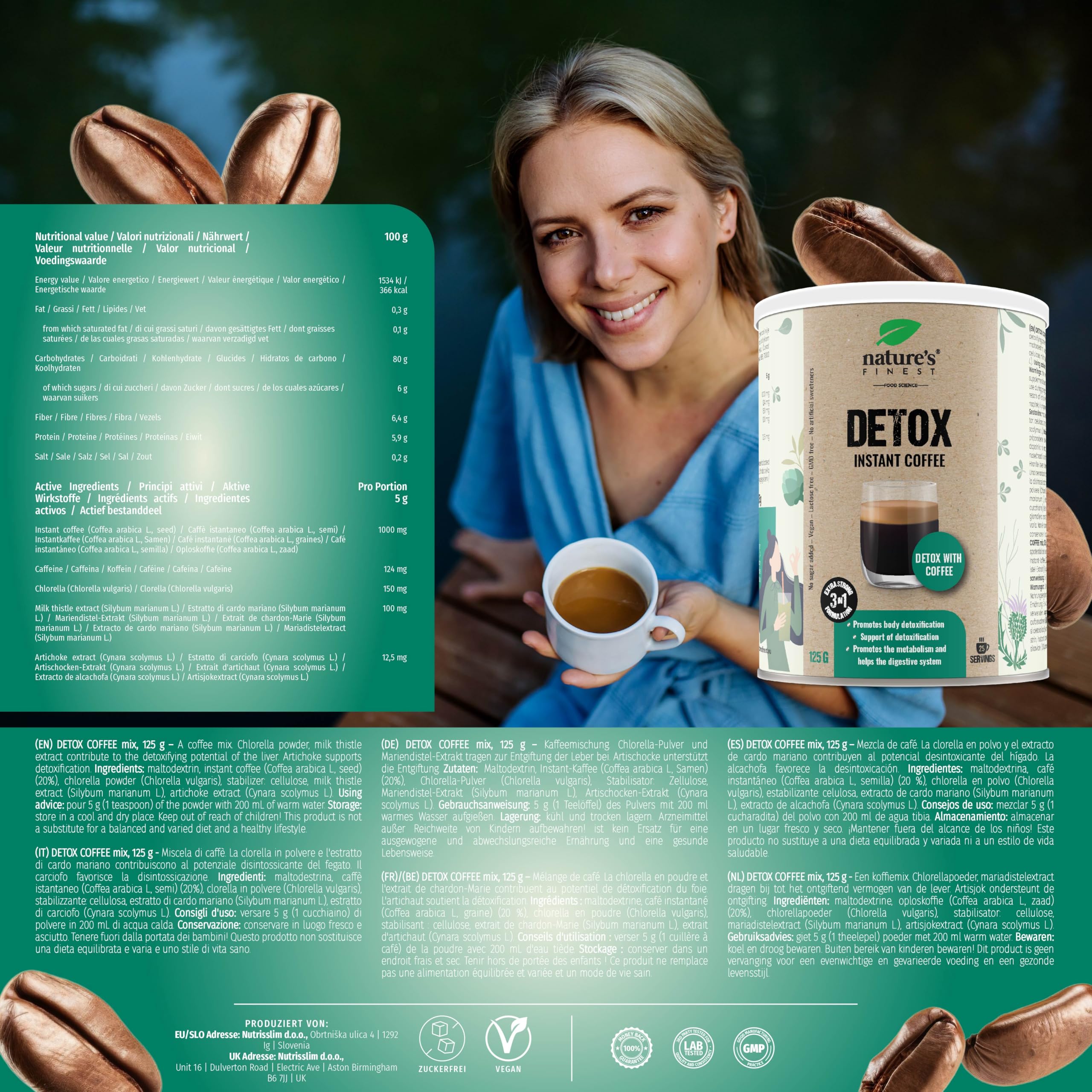 Nature's Finest Detox Coffee, Instant-Kaffee 625 g (5er Pack) | Instant-Kaffee (20 % Arabica) mit Chlorella, Mariendistel- & Artischockenextrakt - vegan, schnell aufgegossen