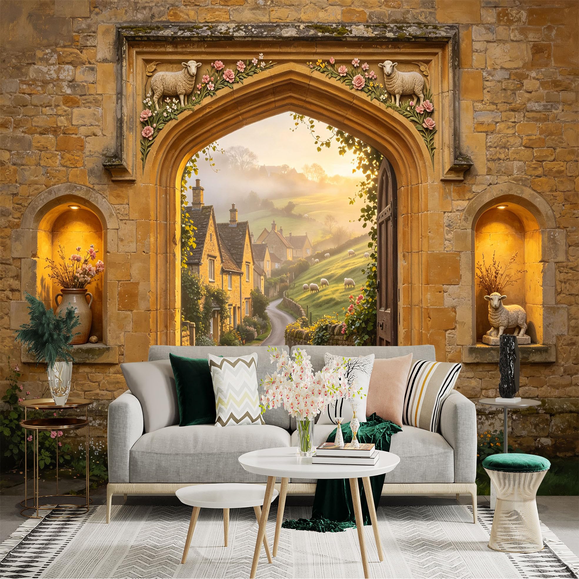 Custom Size Wall Sticker Mural， Rustic Village Path， Stone Archway， Countryside Cottage Landscape， for wall Decoration， peelandstick wall Decals.