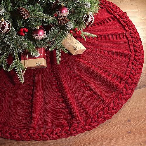 LimBridge Falda de árbol de Navidad de punto: 48 pulgadas de falda de árbol rojo vino, trenzado trenzado grueso rústico árbol de Navidad, decoración