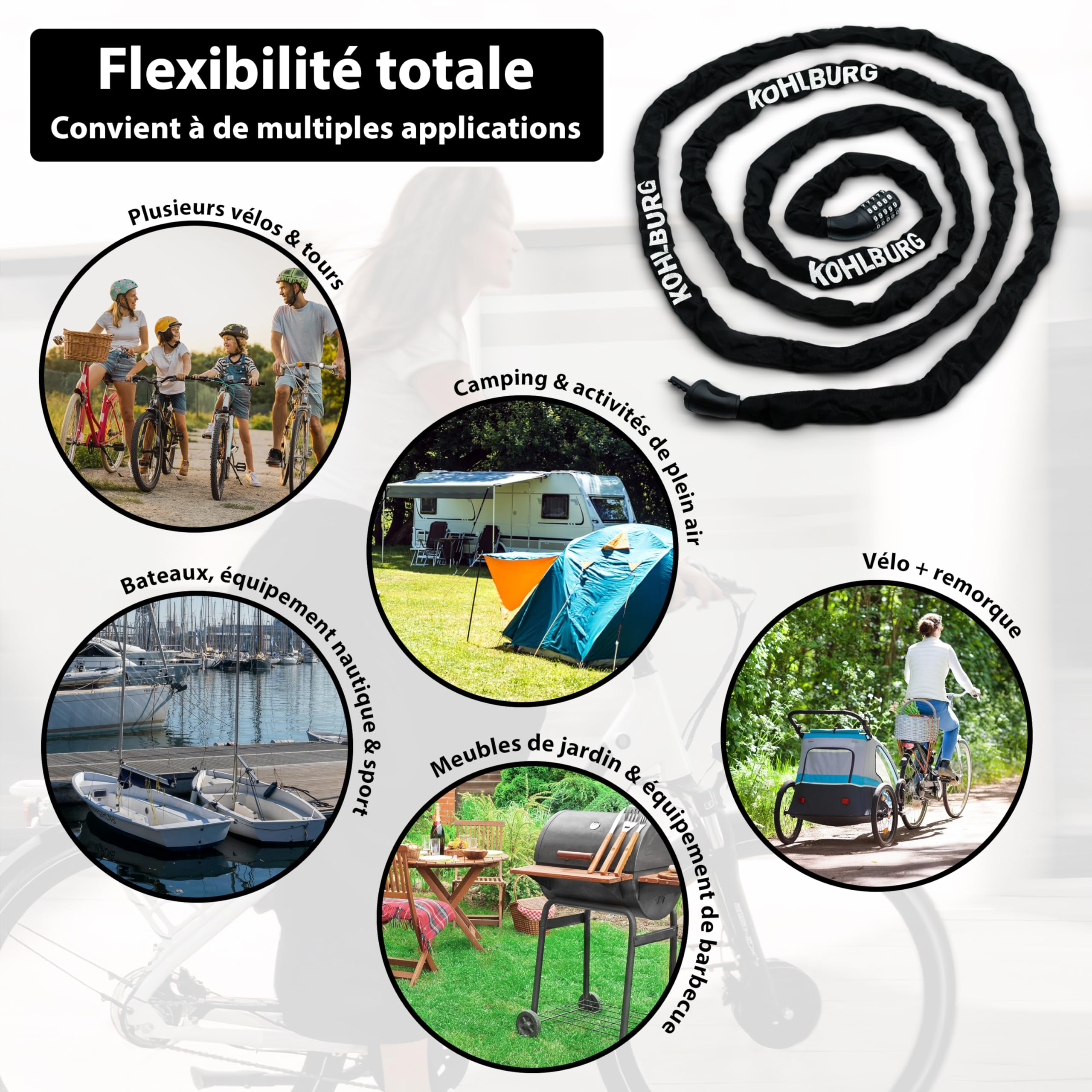KOHLBURG Chaine antivol velo code [5m extra‑longue] avec acier spécial 6 mm | Chaîne anti vol à combinaison 5 m – Serrure pour vélo, e-bike, trottinette électrique, meubles de jardin, bateau – 500 cm