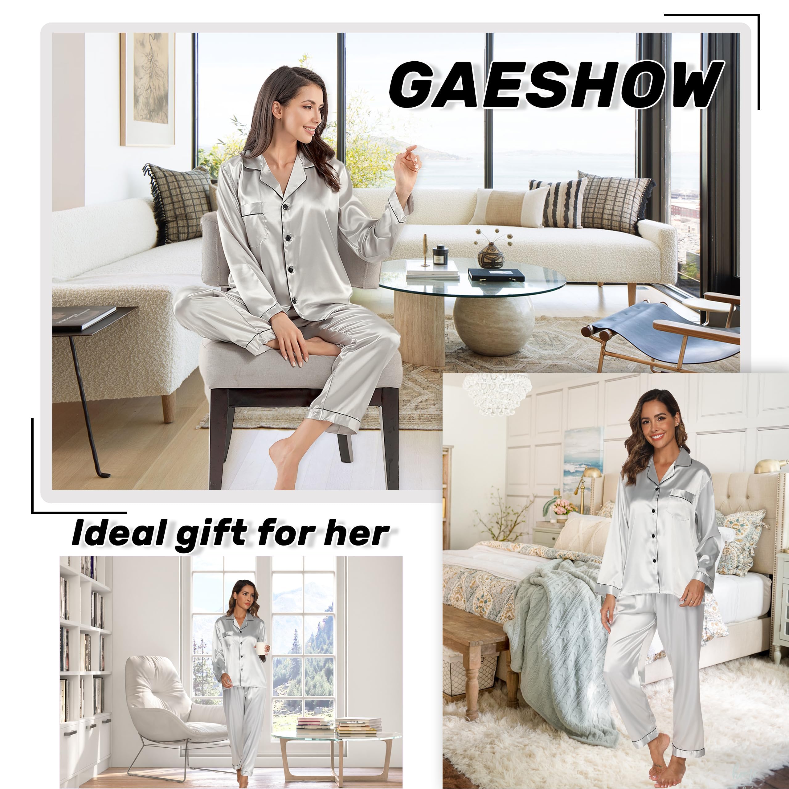 GAESHOW Conjunto de Pijama de Seda de Satén para Mujer, Conjunto de Manga Larga con Botones, Ropa de Dormir, Ropa de Descanso, Conjuntos de Dos Piezas, S-XXL