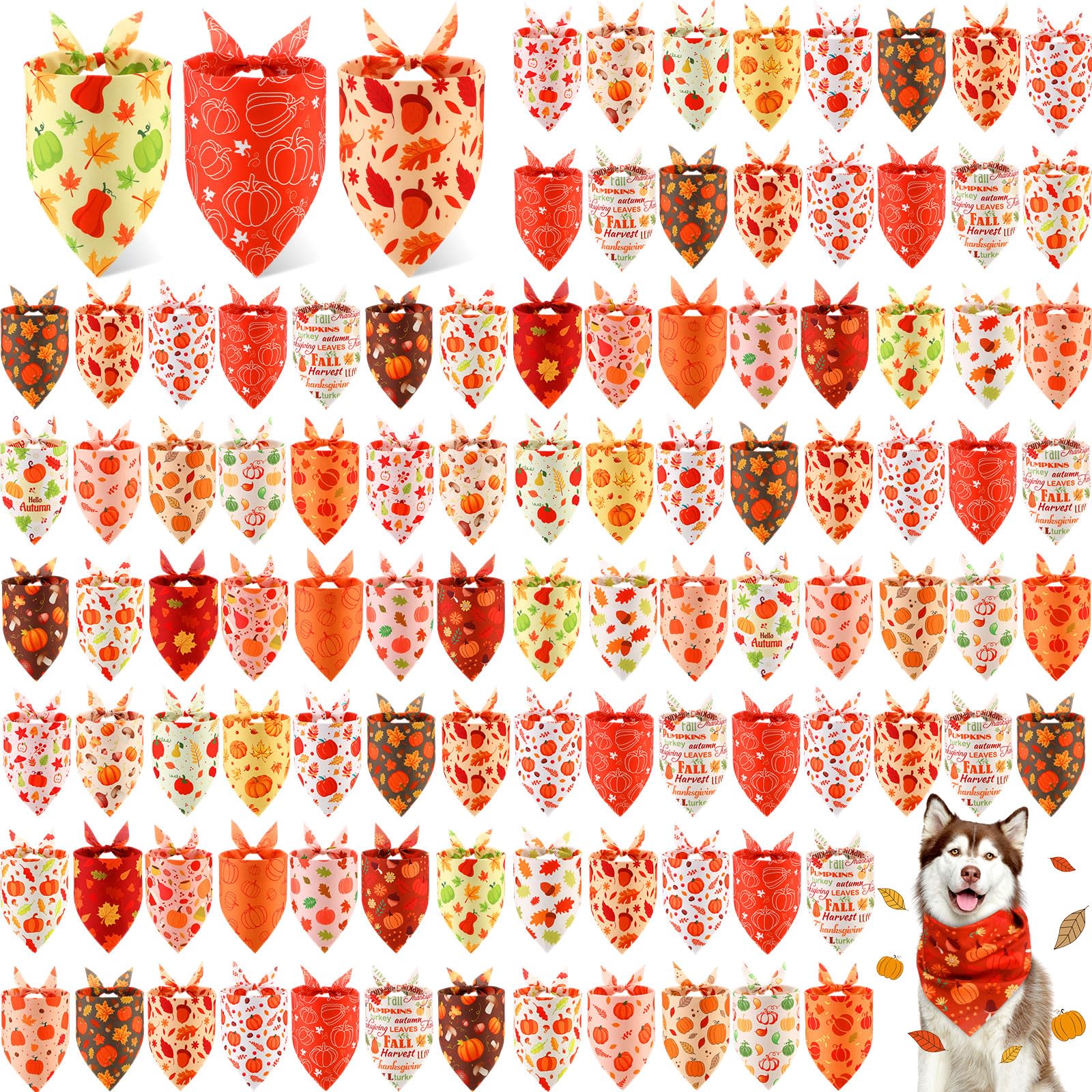 Chunful Lot de 100 bandanas d'automne pour chien en vrac avec motifs citrouille, écharpe triangulaire, bavette, foulard, pour petit et grand chien, accessoires de costume de Thanksgiving (80 x 55 x 55