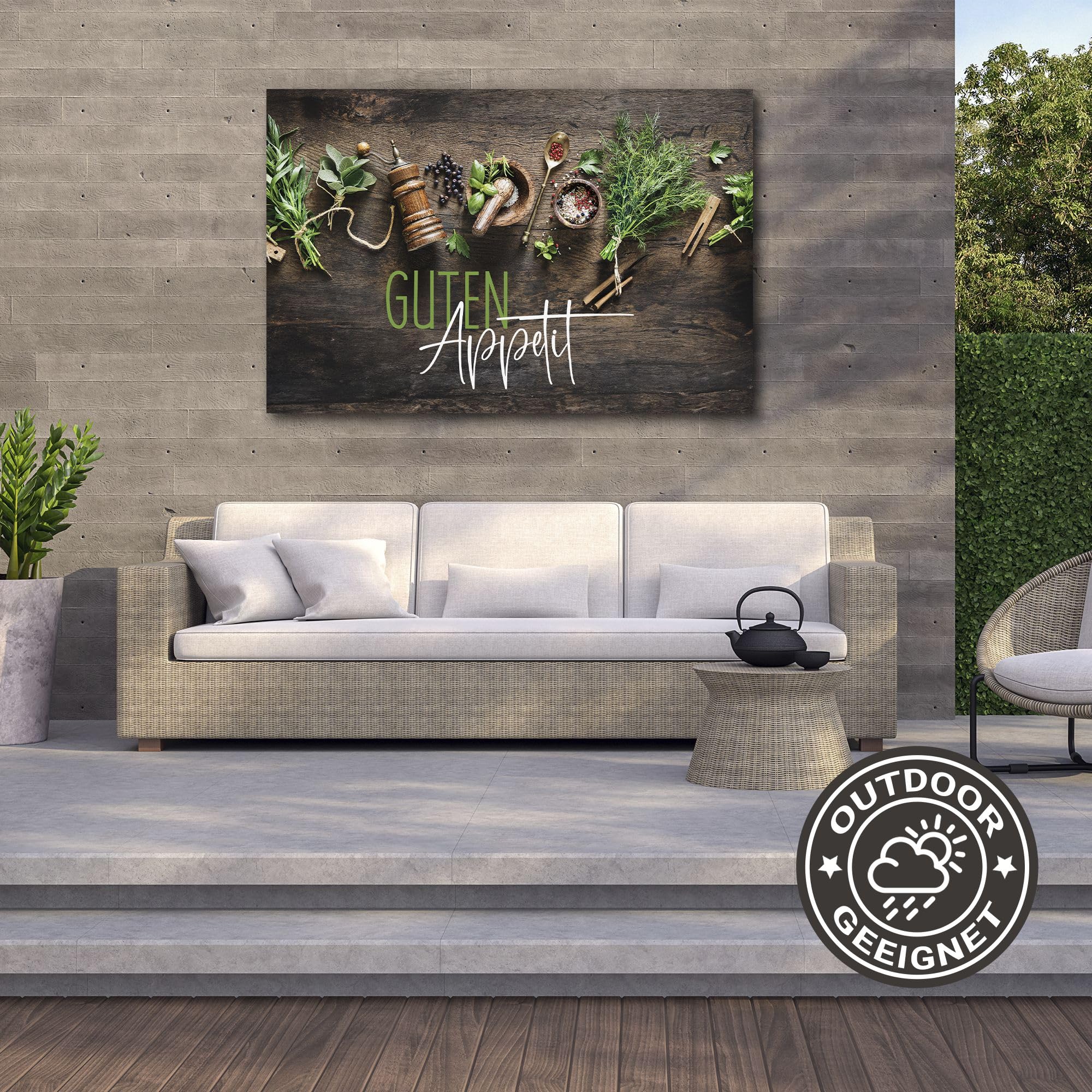 timalo Küchenbild aus Acrylglas modernes Wandbild Glasbild Deko Küche XXL Acryl-Bild wie Glas | 100x50cm Kräuter& Gewürze auf rustikalem Holztisch, Guten Appetit
