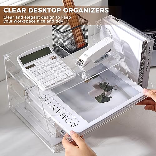 Miniatura 2 de Organizador de escritorio de acrílico, bandeja de 4 niveles con soporte vertical para archivadores, libros, papelería, cartas, revistas, documentos