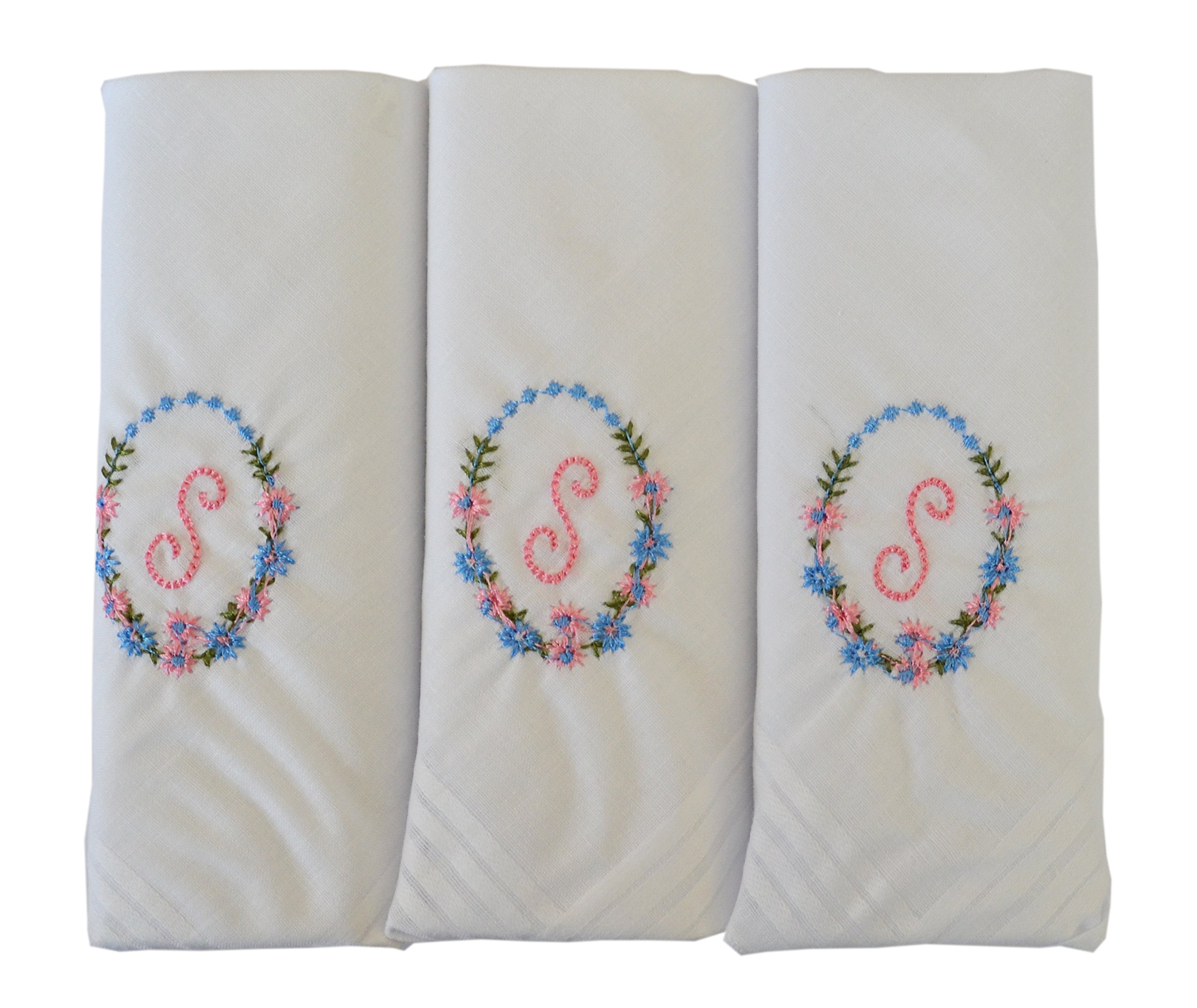 3 Pack Of Womens/Ladies Embroidered Initials Handkerchiefs With White Satin Border, S