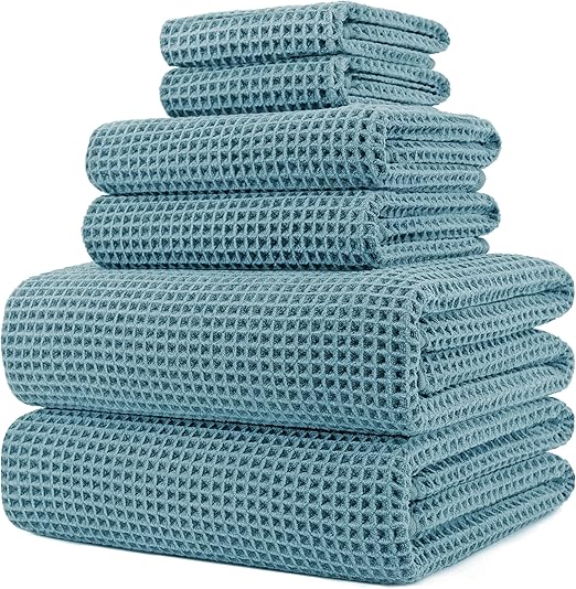 POLYTE Oversize, 60 x 30 in., Quick Dry Lint Free Microfiber Bath Towel Set, 6 Piece (Green, Waffle Weave)