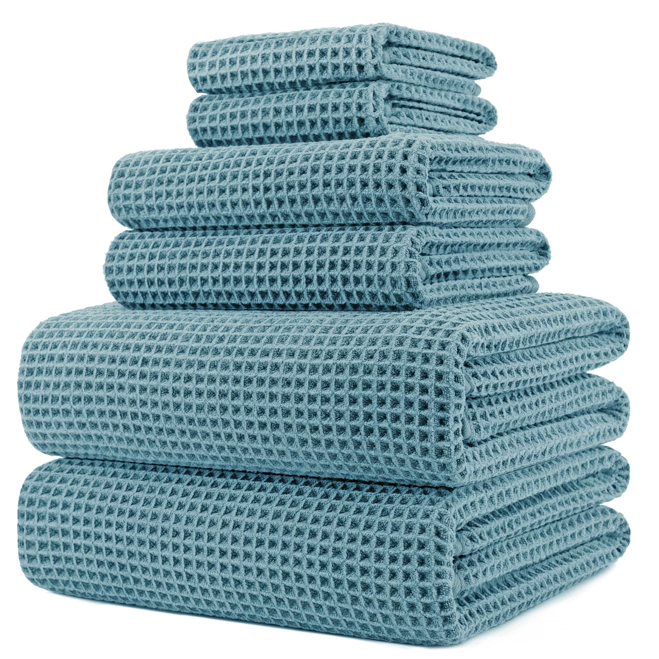 POLYTE 430 GSM Microfiber Quick Dry Lint Free Oversize Bath Towel Set, 6 Piece (Waffle Weave)