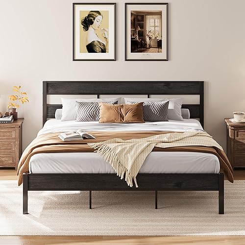 LIKIMIO Marco de cama y cabecera King, fácil montaje, sin ruido, no necesita somier, marcos de soporte de metal resistente y resistente, barras de