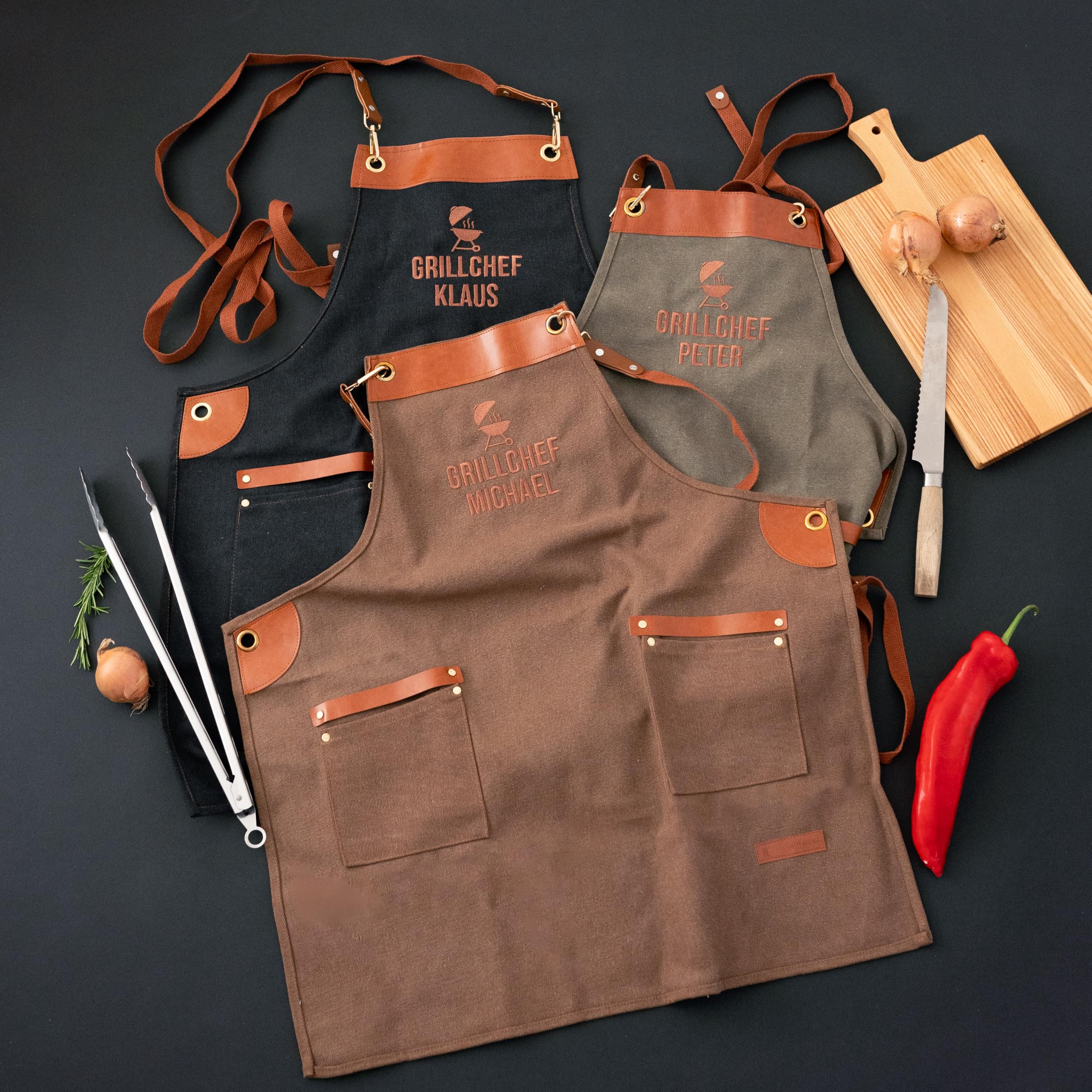 Grillschürze BBQ Schürze in 3 Farben, personalisiert mit Wunschnamen