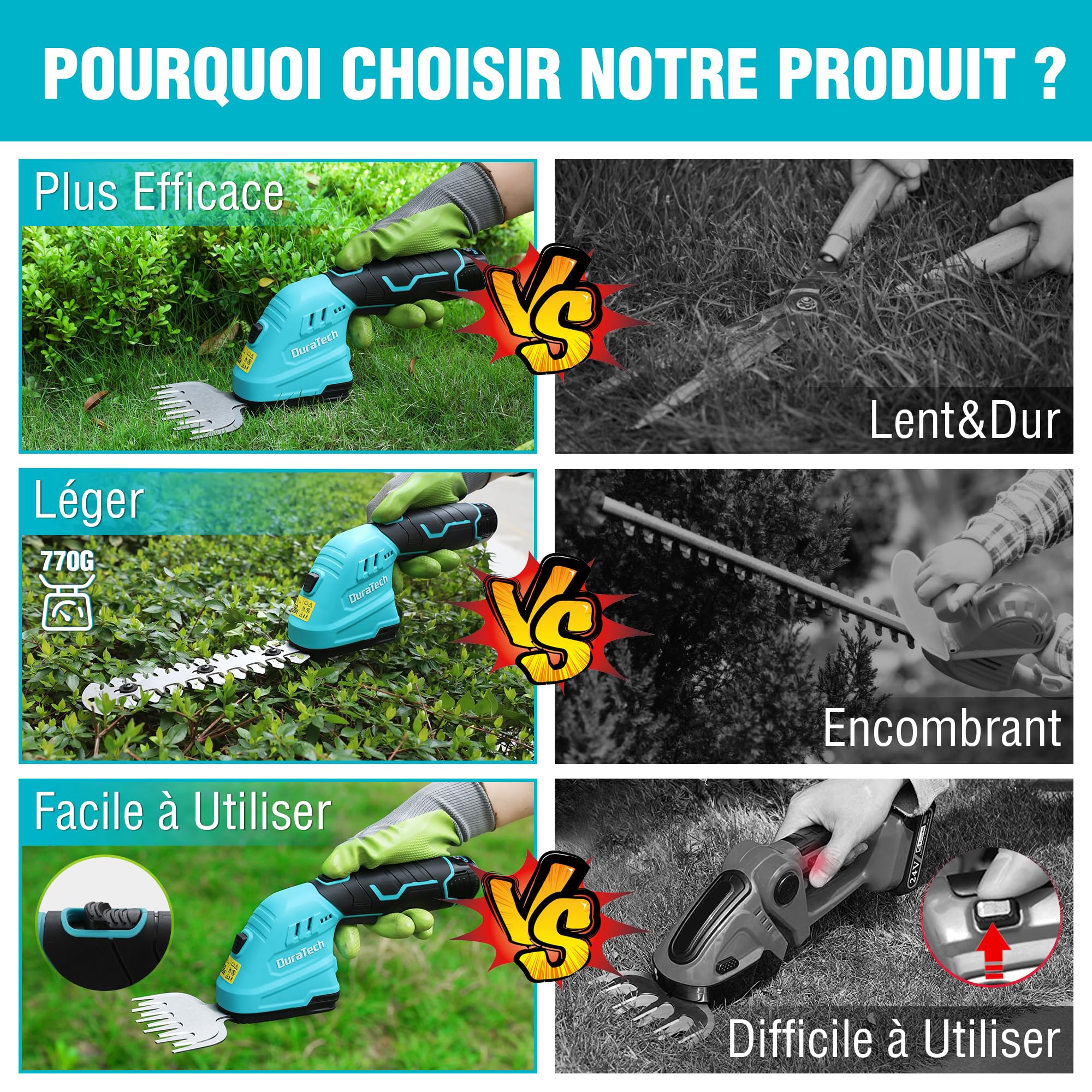 DURATECH Cisaille Sculpte-Haie Électrique et Taille-Herbes Téléscopique sans Fil 12V, Cisaille à Gazon 2 en 1, Largeur/Longueur de Coupe 12/16 cm, Batterie 2000mAh, pour Coupe, Élagage, Bleu & Noir