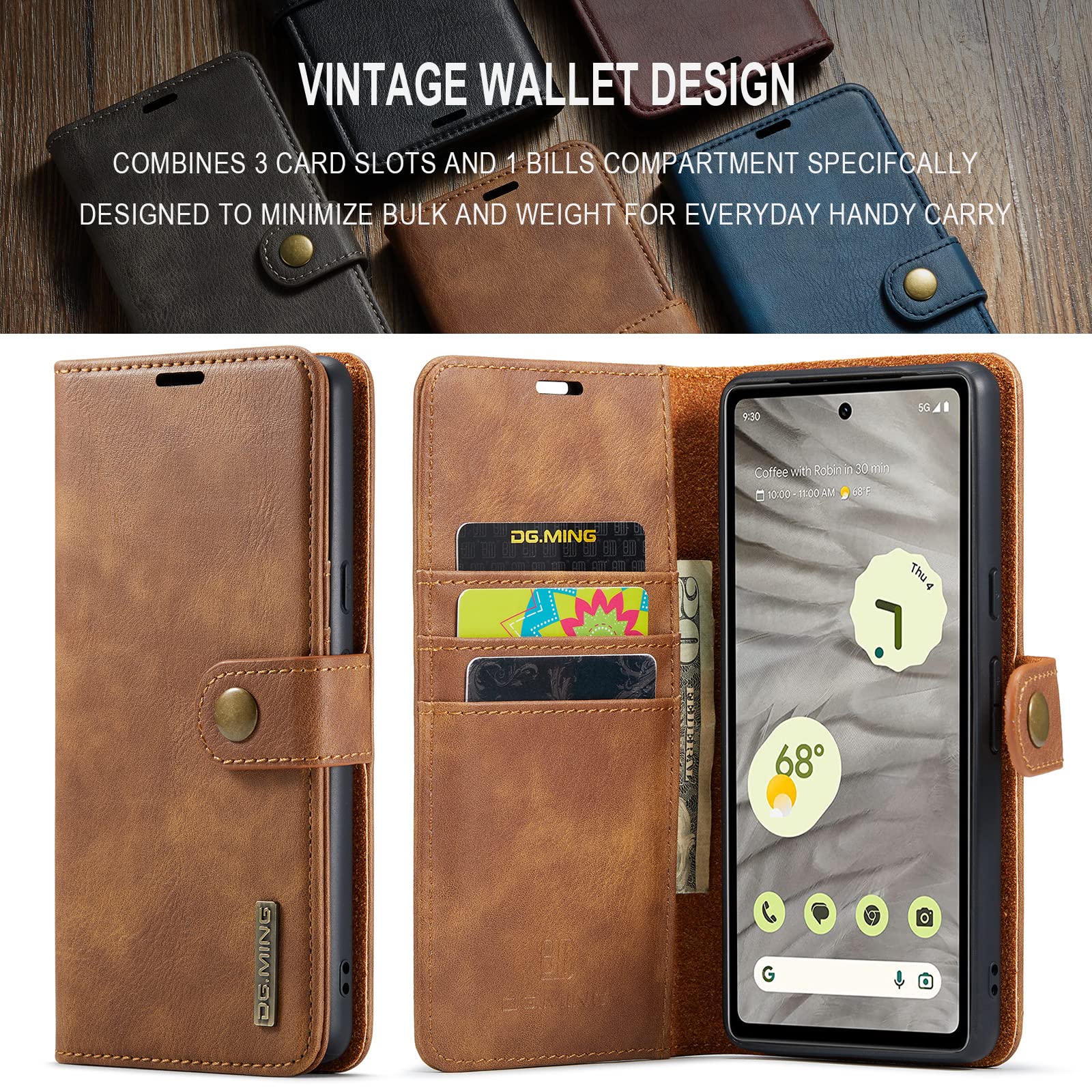 Funda Cartera para Google Pixel 10 Pro con Soporte Plegable, Marrón | Funda Interior Extraíble, Cuero Vacuno de Serraje, 3 Ranuras para Tarjetas y Bolsillo, Cierre Magnético, Soporte Plegable