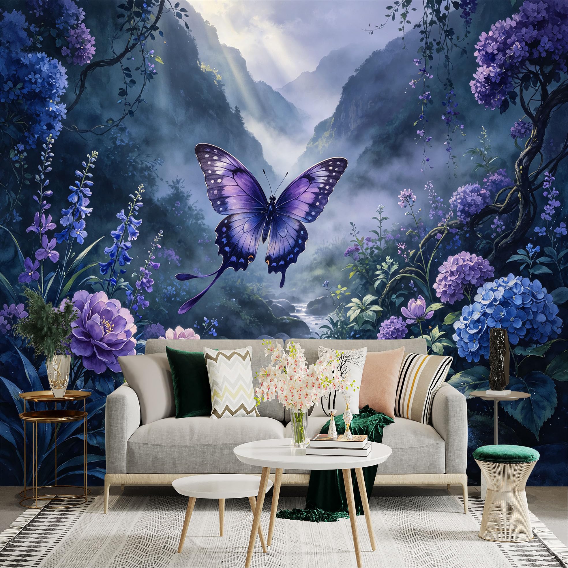 Lnzczhyre Bh260719359 Custom Size Wall Sticker Mural， Purple Butterfly In Enchanted Forest， Misty Stream With Hydrangea Flowers， For Wall Decoration， Peelandstick Wall Decals.