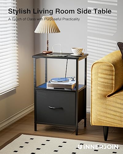 Miniatura 4 de Innerjoin Mesa auxiliar con almacenamiento, mesita de noche LED con estación de carga A & C, mesas auxiliares, sala de estar, mesita de noche para