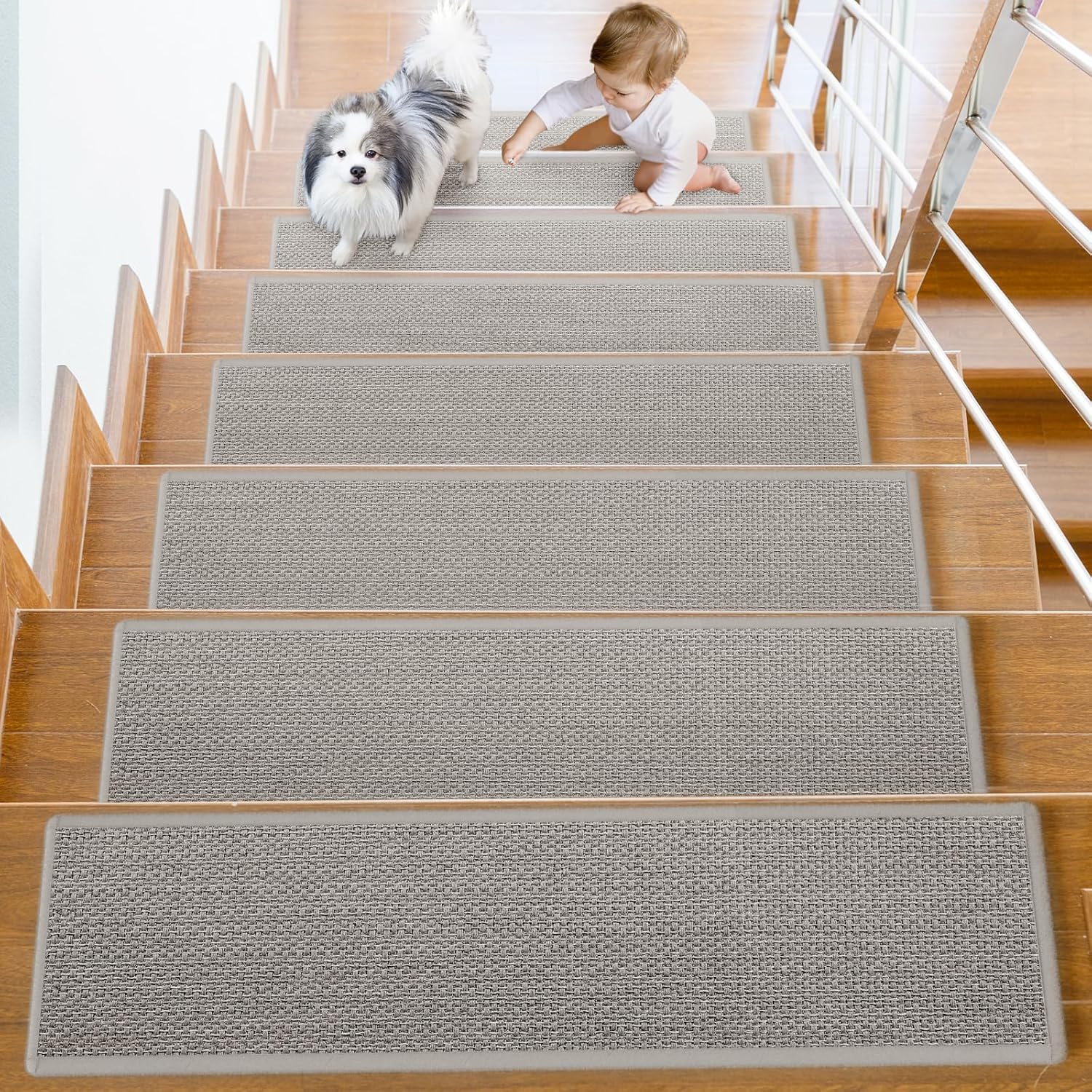 Non Slip Stair Treads for Wooden Steps, Stair Runners Indoor, 15 PCS 8" x 30" Natural Linen Carpet Stair Treads, Self-Adhesive Washable Backing for Kids Elders and Pets, Gray