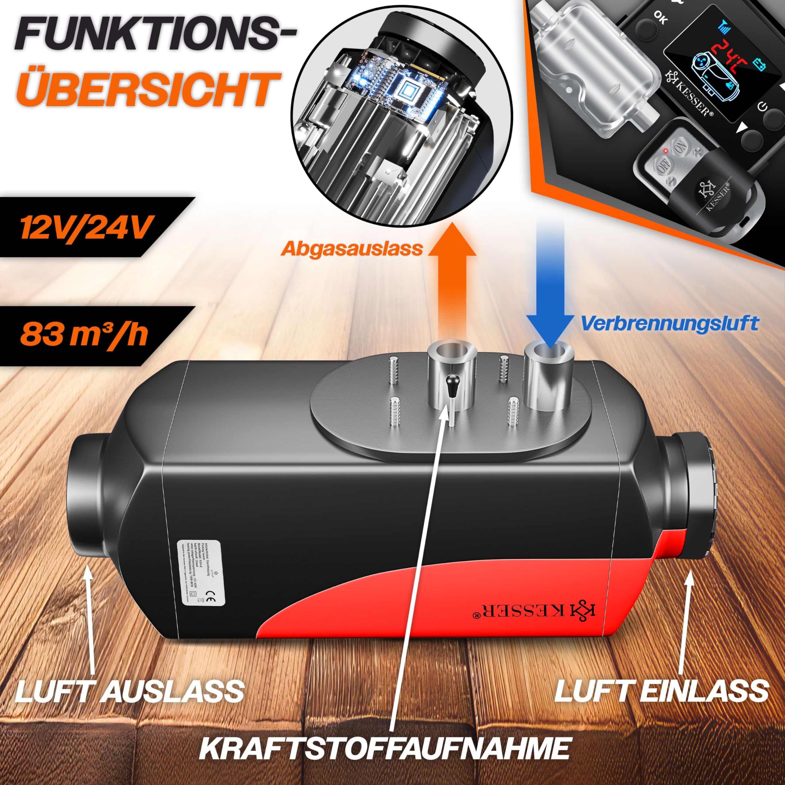 KESSER® Standheizung Diesel 8kW Dieselheizung 12V/24V mit Timer, LCD-Display & Fernbedienung | Schnelles Aufheizen | Lufterhitzer mit Schalldämpfer & Thermostat (Rot, 8KW)