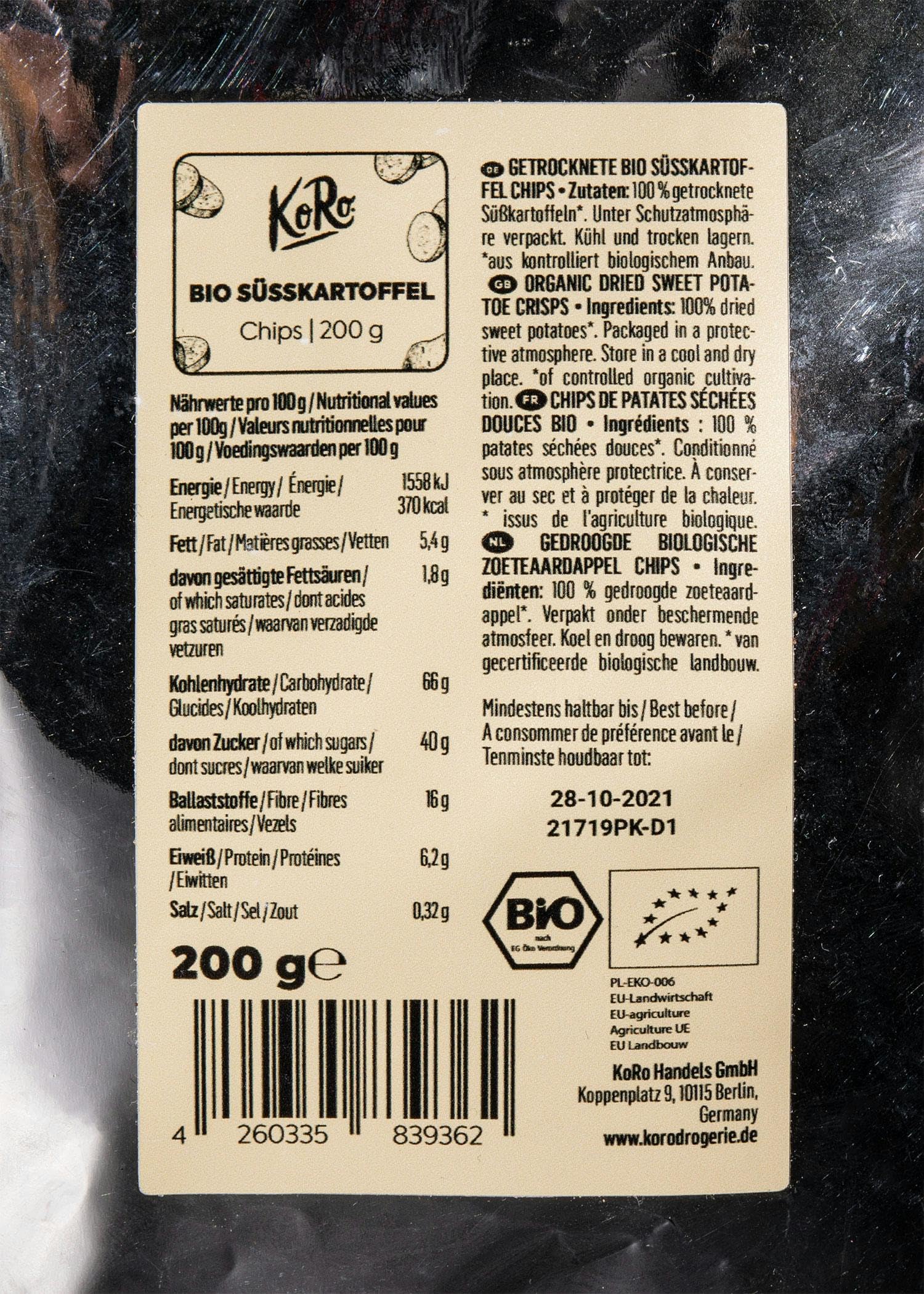 KoRo - Bio Süßkartoffelchips ohne Zusatz von Öl und Salz 200 g - Aus 100% Süßkartoffeln - Knusprige Scheiben - Ohne Zusätze