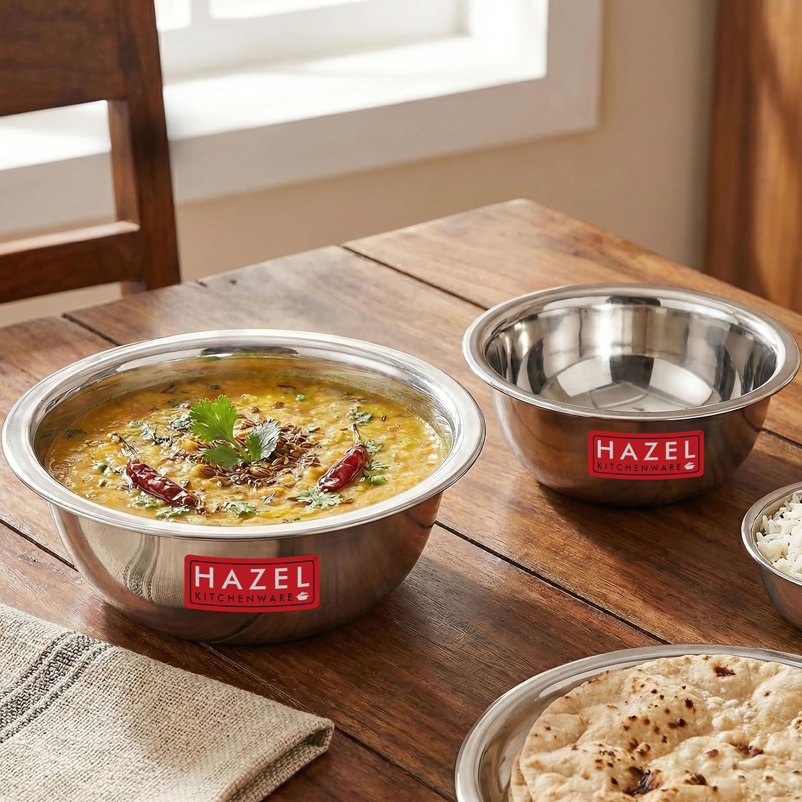 HAZEL Stainless Steel Serving Bowl | Snacks Serving and Mixing Bowl Set | Donga for Batter Mixing & Storing (Set of 2, 350 ML & 550 ML)