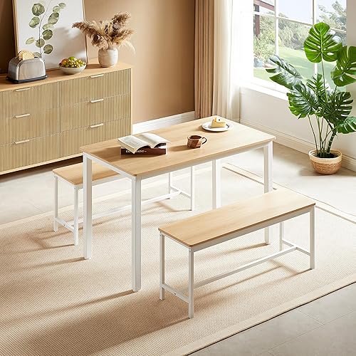Miniatura 2 de Dining Table Set, Bar Table with 2 Dining Benches, Kitchen Table Counter with Chairs, for Kitchen Breakfast Table, Living Room, Party Room, Natural