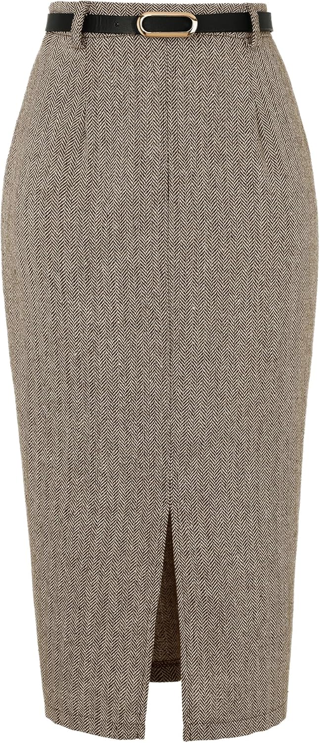 Allegra K Midi Pencil Skirt for Women Vintage Fall High Waisted Slit Office Work Skirts with Belt
