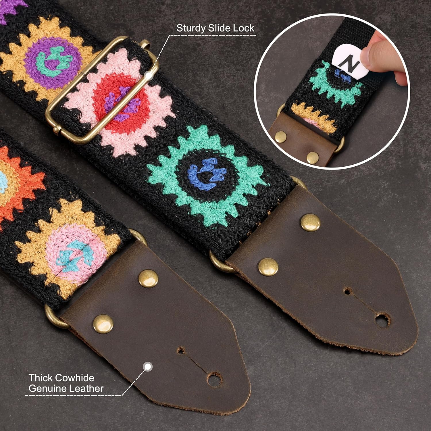 Nefelibata Guitar Strap,Jacquard Embroidery Cotton Guitar Straps with Crazy Horse Leather Ends for Bass, Electric & Acoustic, Best Gifts for Kids, Guitarists(Smiling Black Embroidery)