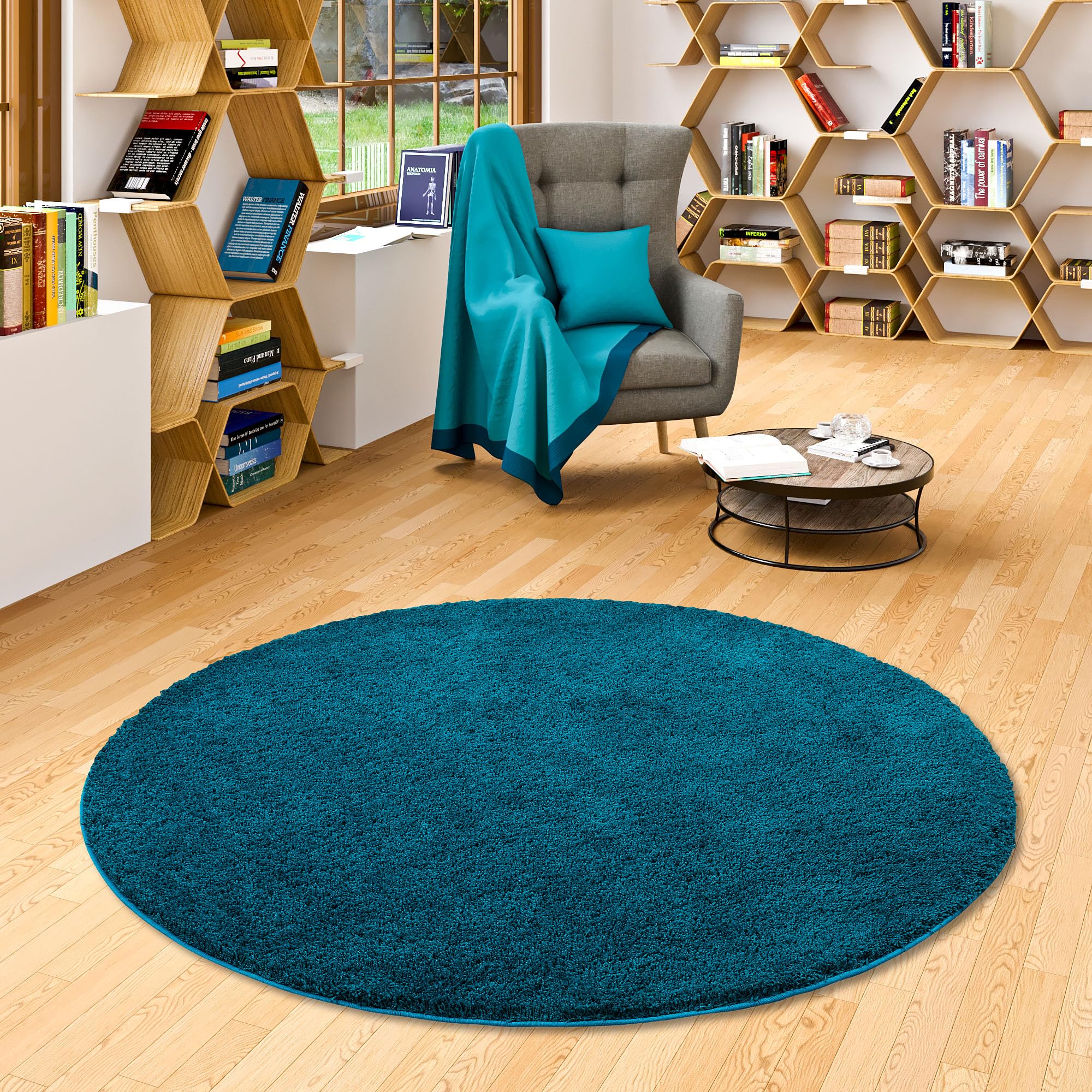PALACE Hochflor Shaggy Teppich Petrol Rund in 7 Größen Küche, Haushalt & Wohnen