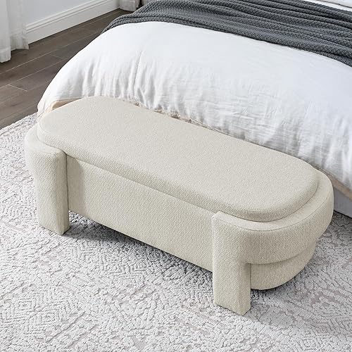 Miniatura 5 de Banco otomano tapizado de tela de lino con gran espacio de almacenamiento, banco de almacenamiento para sala de estar, entrada, color beige