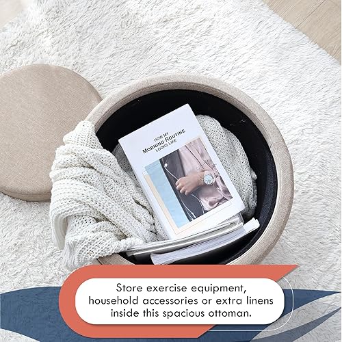 Miniatura 4 de Ornavo Home Lawrence - Otomana redonda de almacenamiento con tapa abatible y tapa de bandeja, otomana con almacenamiento para sala de estar,